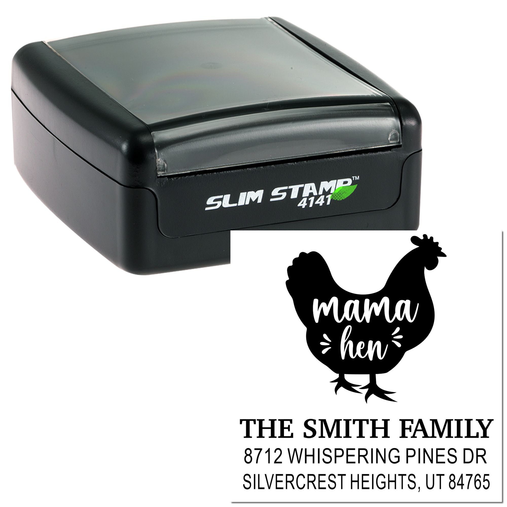 Slim Stamp 4141 custom address stamp with chicken silhouette and mama hen design for The Smith Family in Silvercrest Heights, UT.