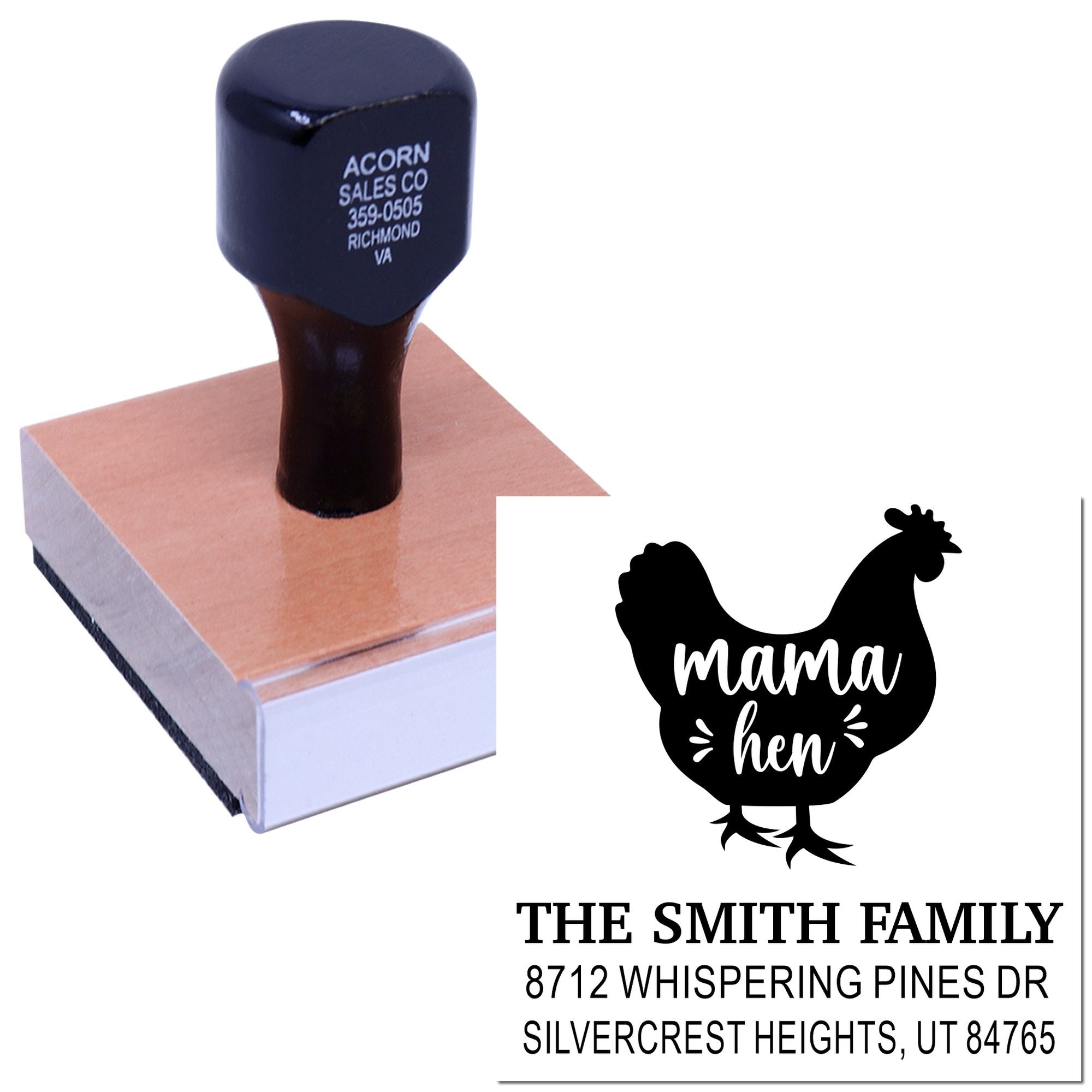 Custom self-inking stamp with mama hen design and The Smith Family address, shown on a white background with ink pad base.