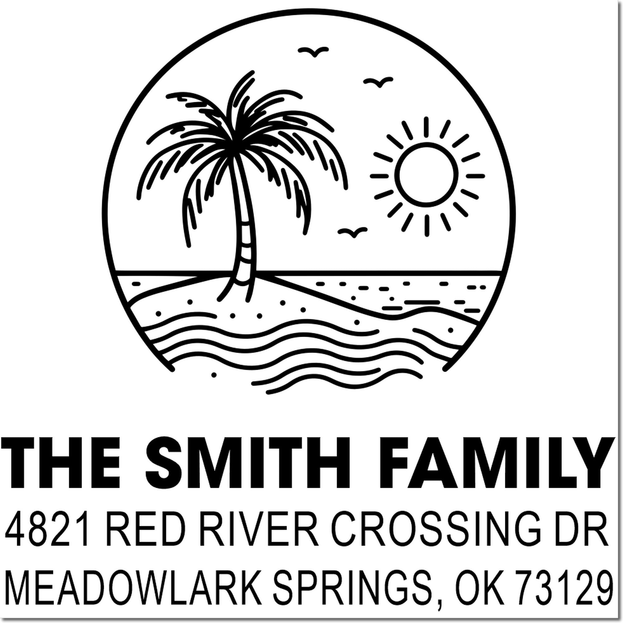 Custom address stamp with tropical beach logo featuring palm tree, sun, waves, and birds, plus The Smith Family name and Meadowlark Springs, OK address.