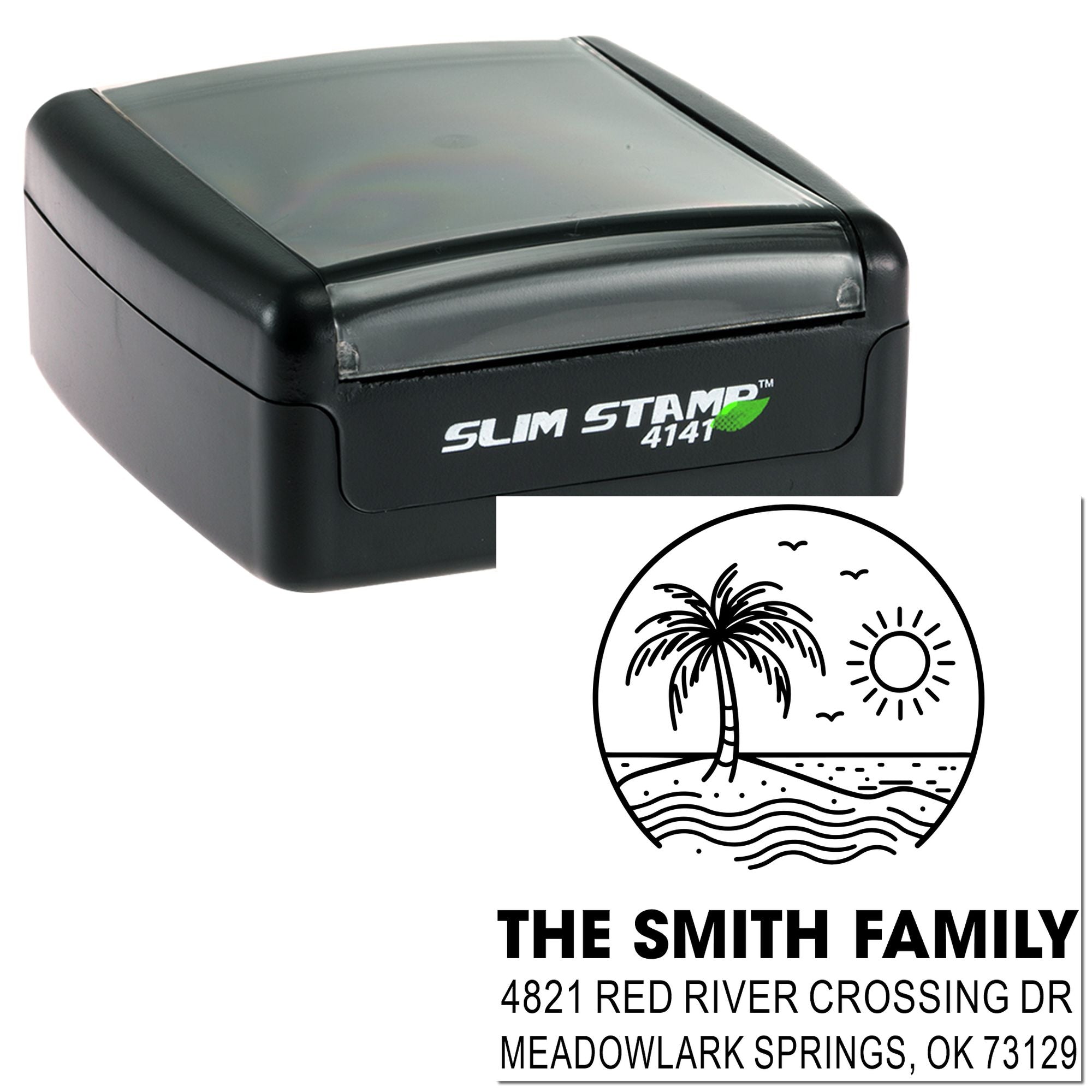 Slim Stamp 4141 self-inking address stamp with tropical palm tree beach design and The Smith Family address on a white background.