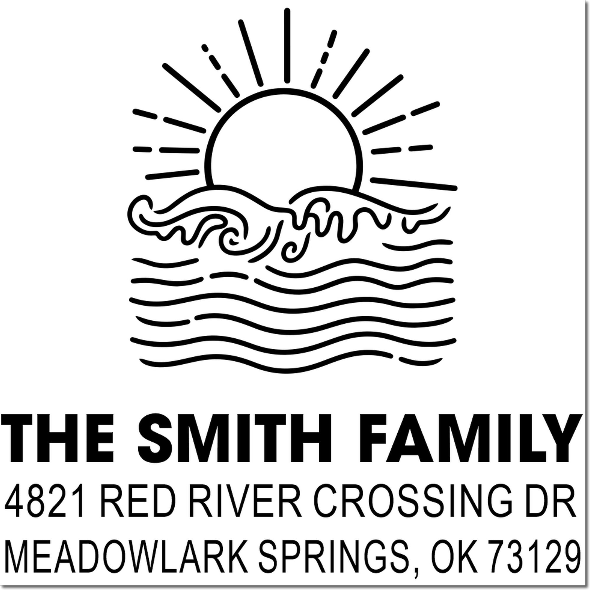 Custom self-inking address stamp featuring sun and waves logo for The Smith Family, 4821 Red River Crossing Dr, Meadowlark Springs, OK 73129.