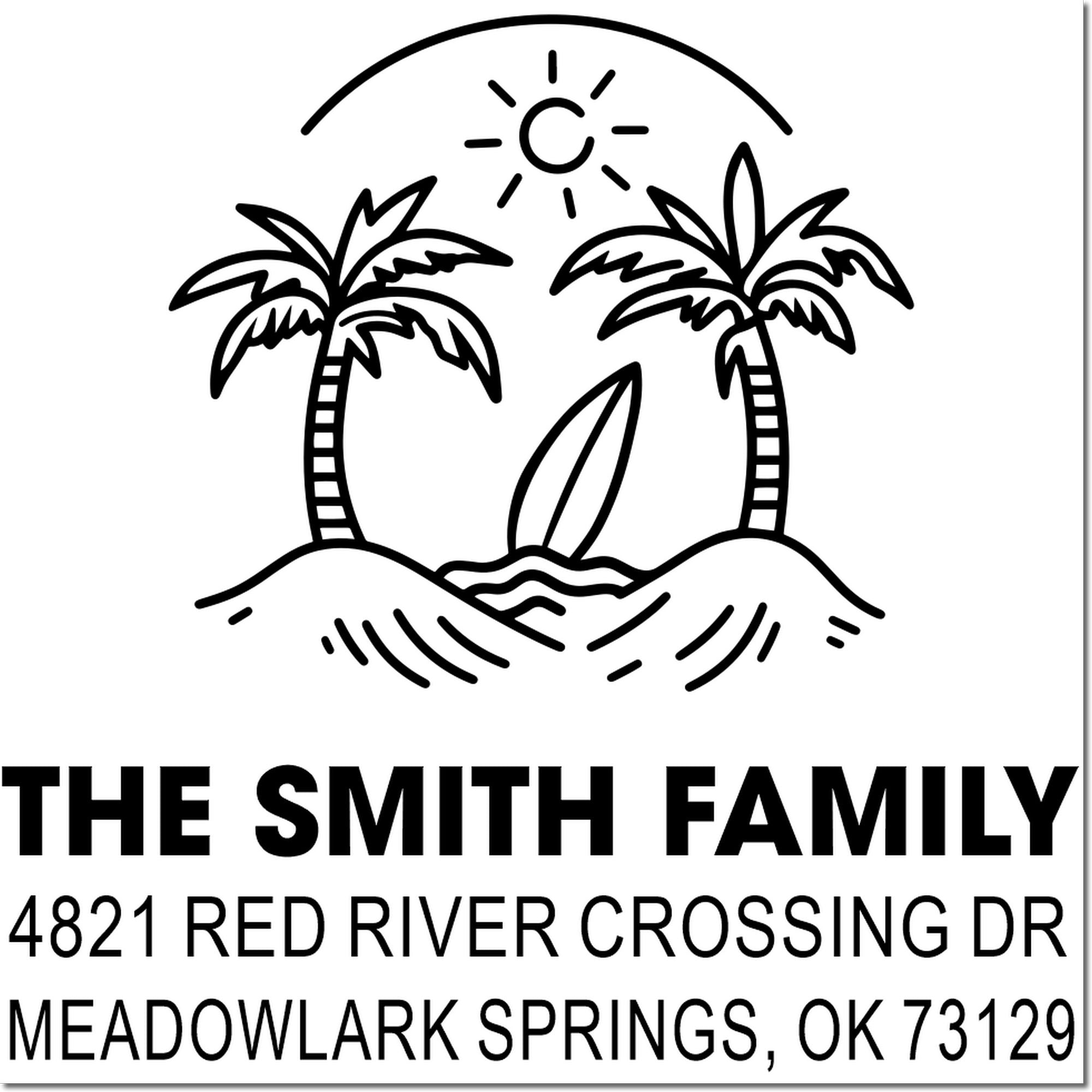Custom address stamp with palm trees, sun and beach logo for The Smith Family, 4821 Red River Crossing Dr, Meadowlark Springs, OK 73129.