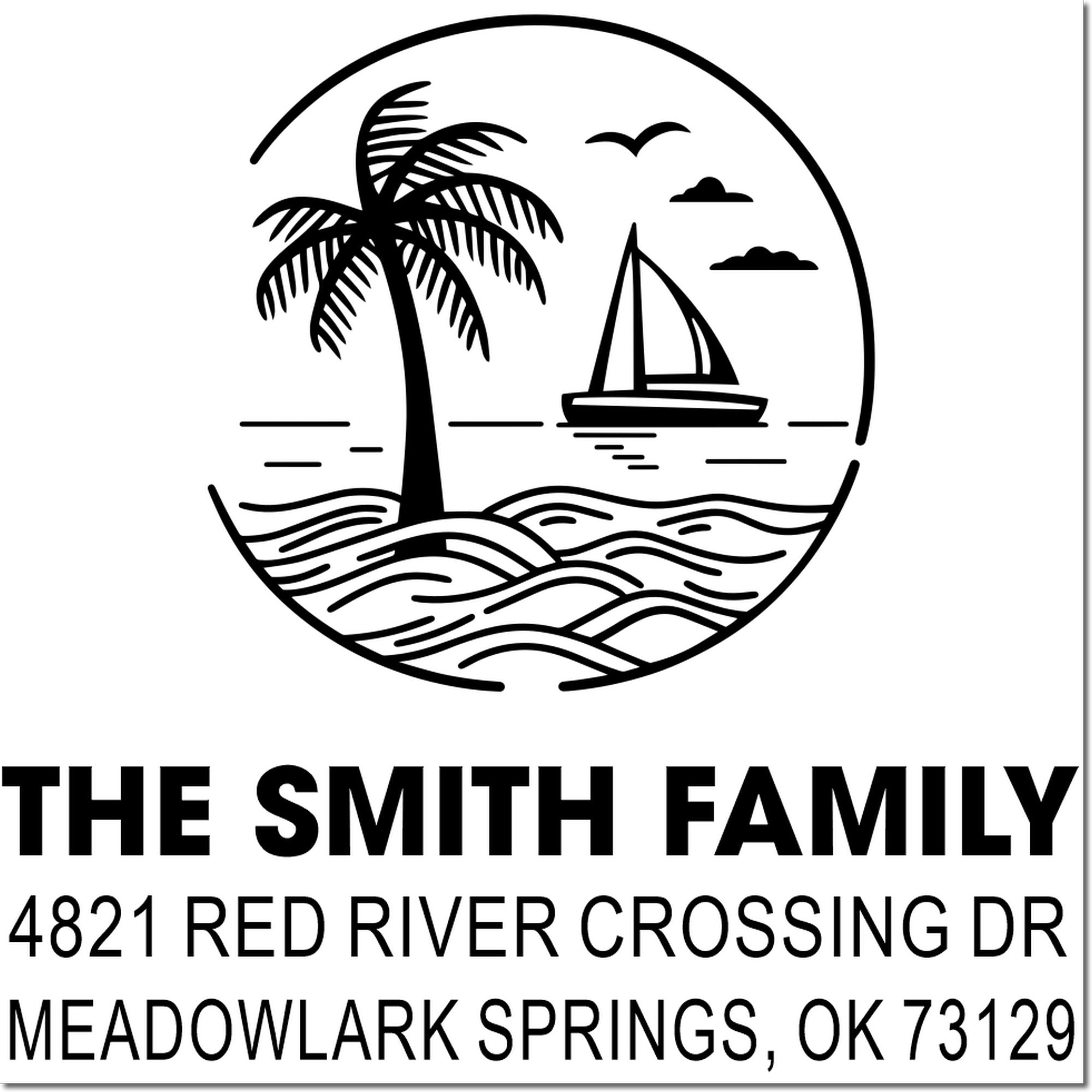 Custom self-inking address stamp with tropical beach logo, palm tree, sailboat, waves, and The Smith Family address in Meadowlark Springs, OK.