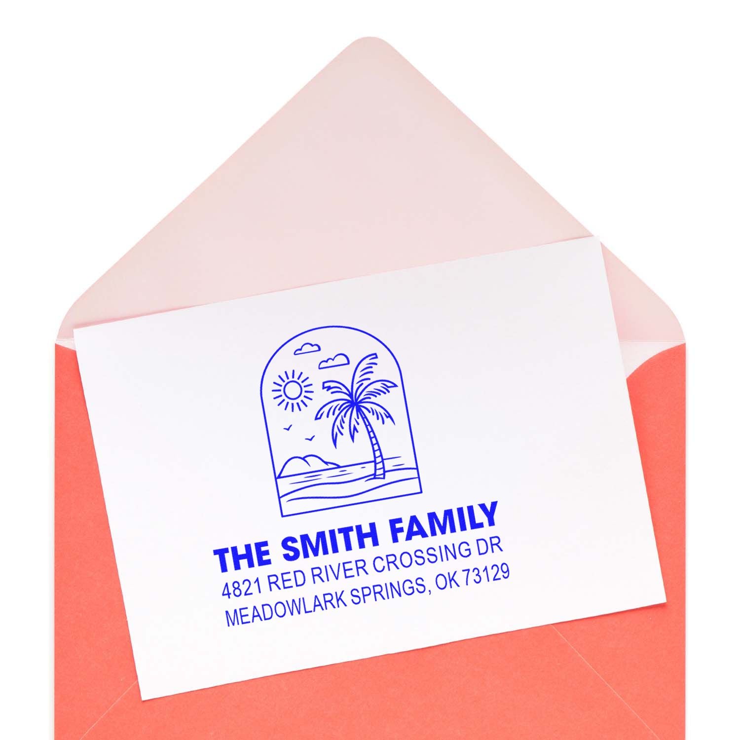 Personalized family address stamp on a coral envelope, featuring a tropical palm tree beach design and blue text for The Smith Family.