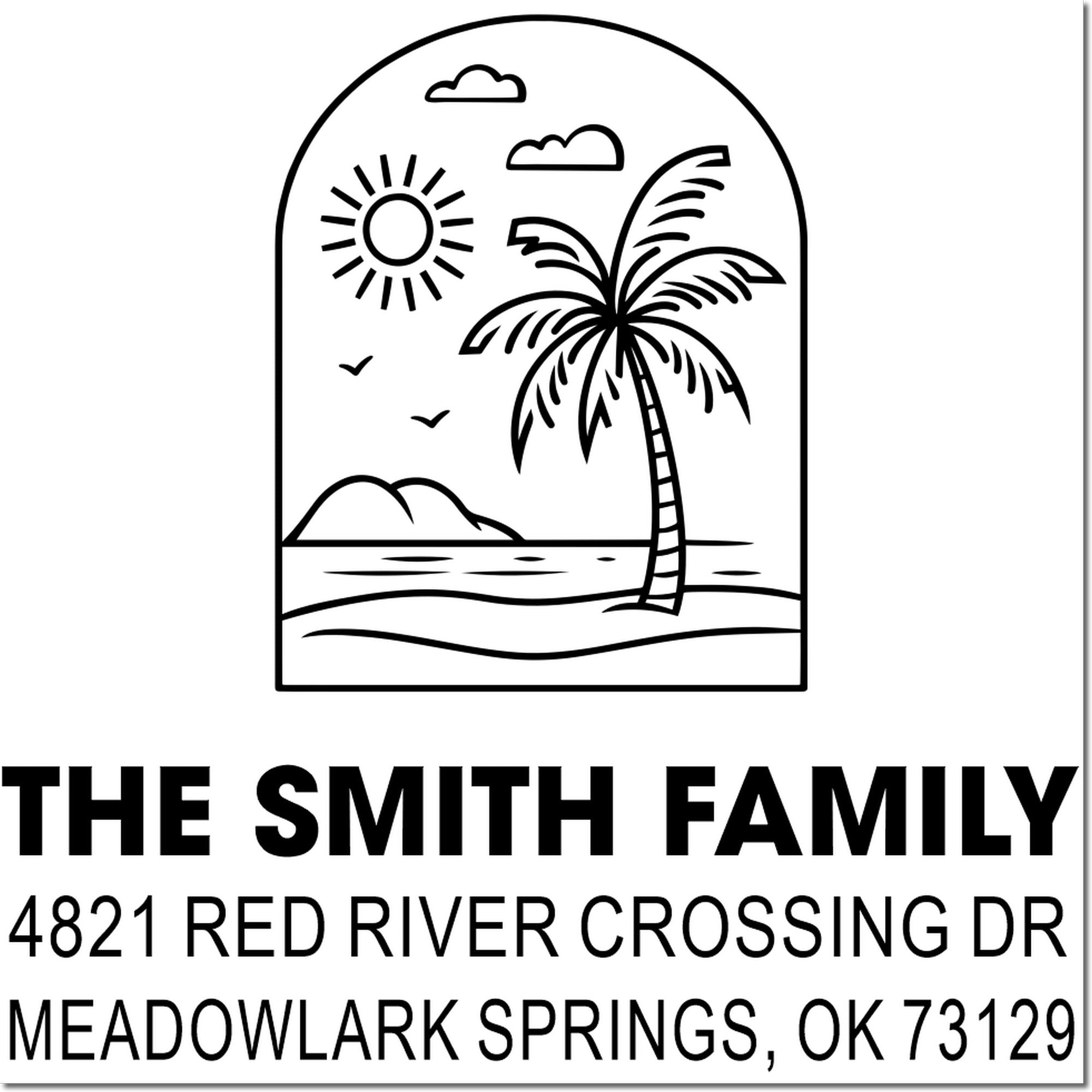 Custom address stamp with tropical beach scene: palm tree, sun, clouds and shoreline, plus The Smith Family and Meadowlark Springs, OK address.