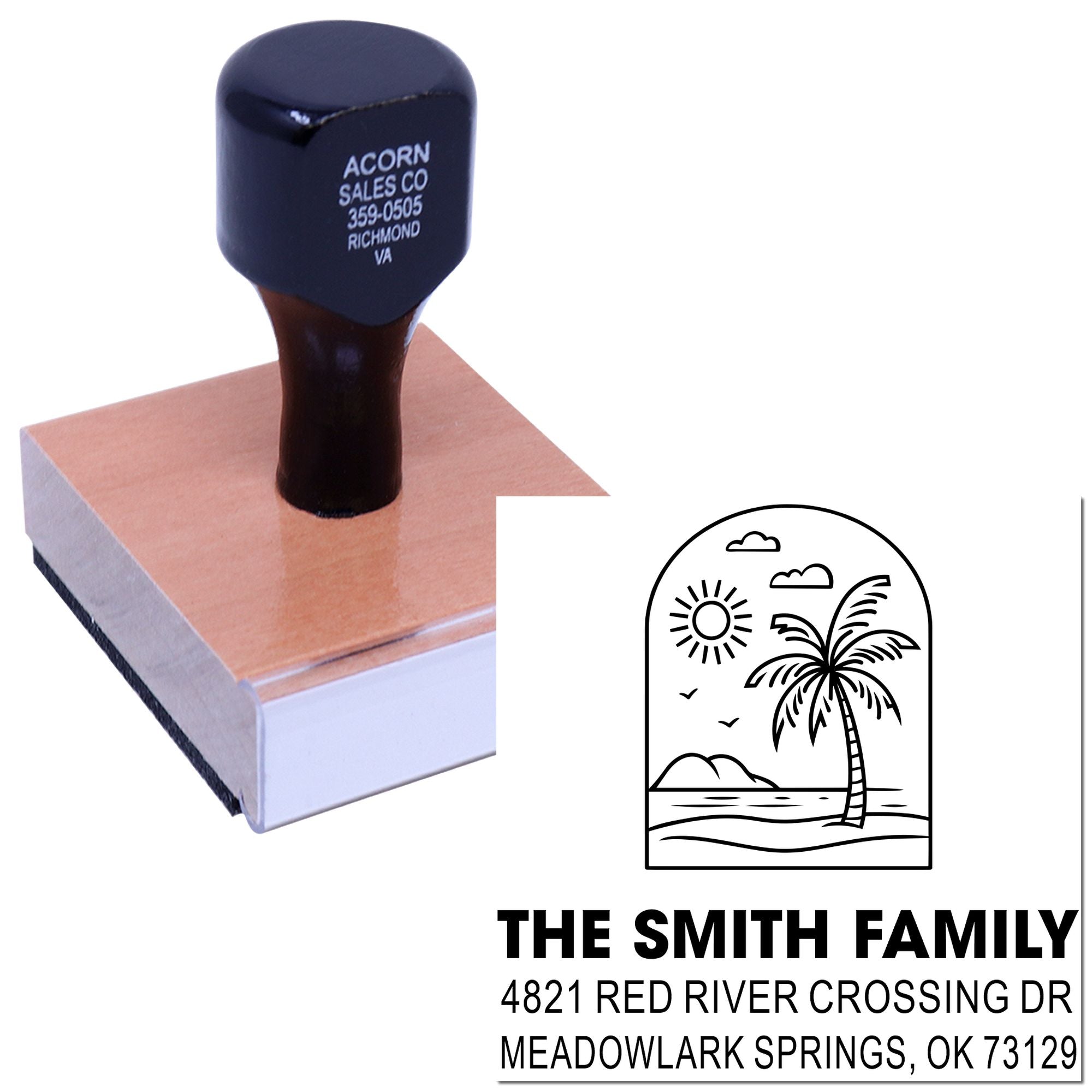 Custom tropical return address stamp with palm tree design, shown on a wooden rubber stamp and printed family address on white background.