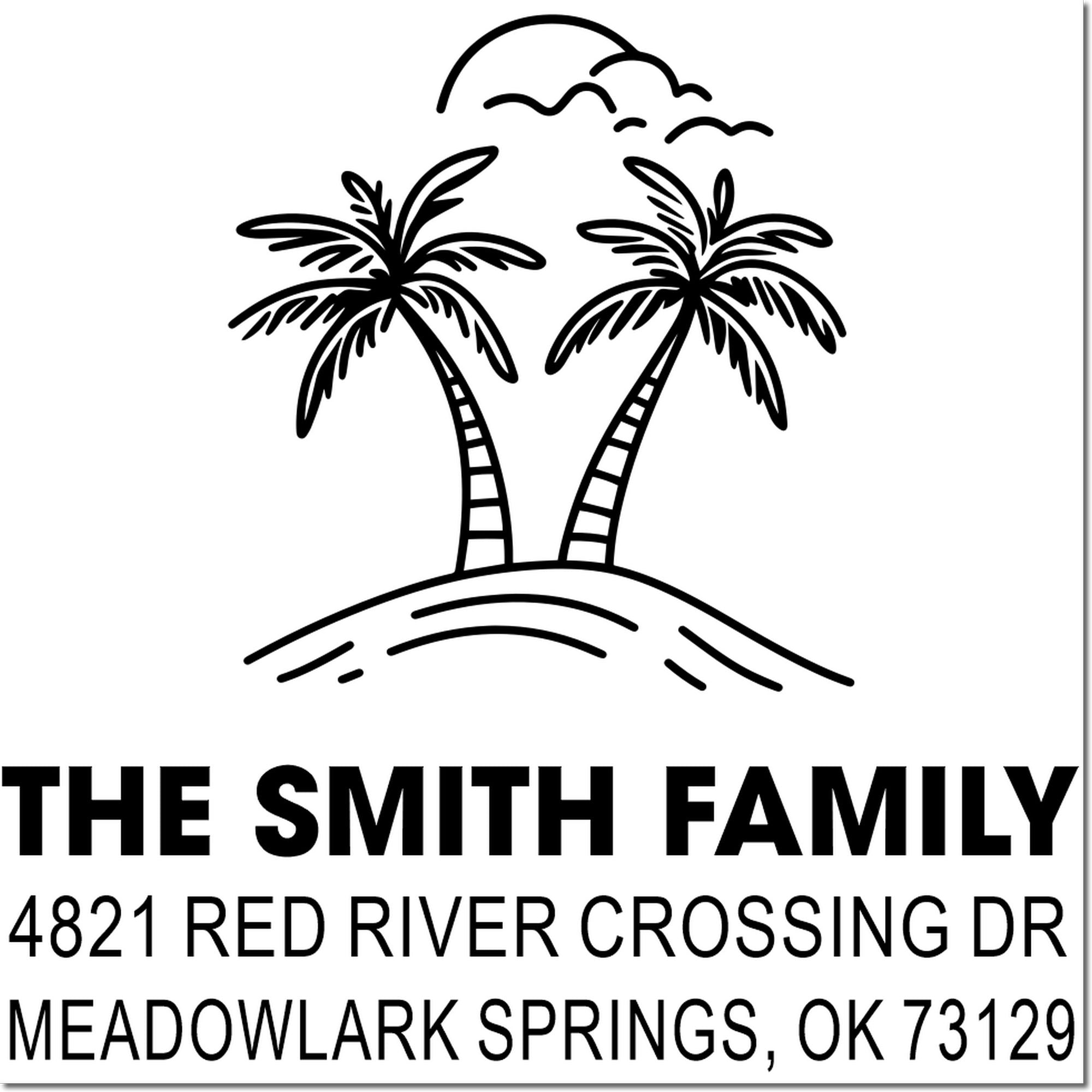 Custom address stamp with palm tree logo, The Smith Family, and Meadowlark Springs, OK 73129 on a clean white background.