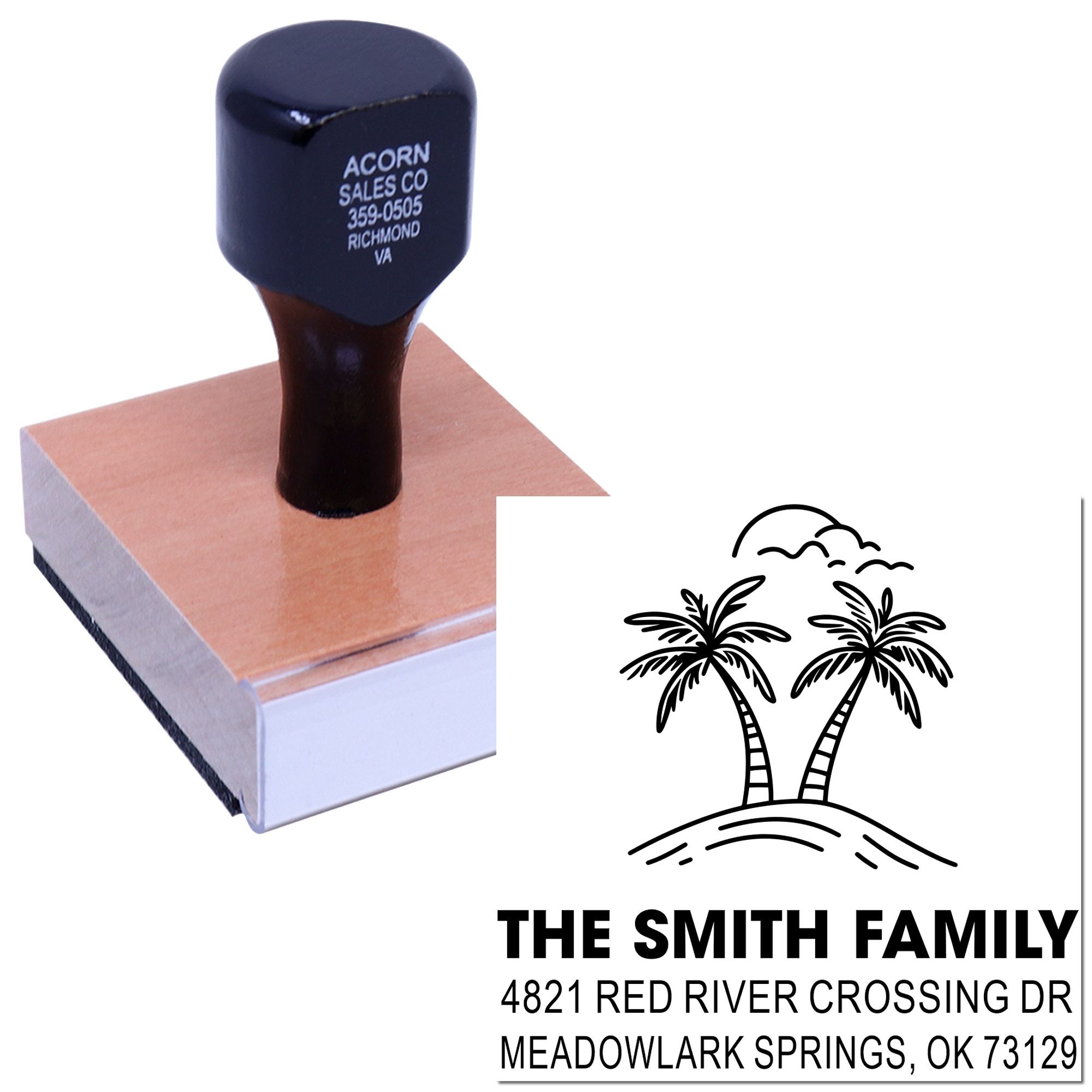 Custom self-inking address stamp with palm tree logo, showing The Smith Family mailing address on a white background.
