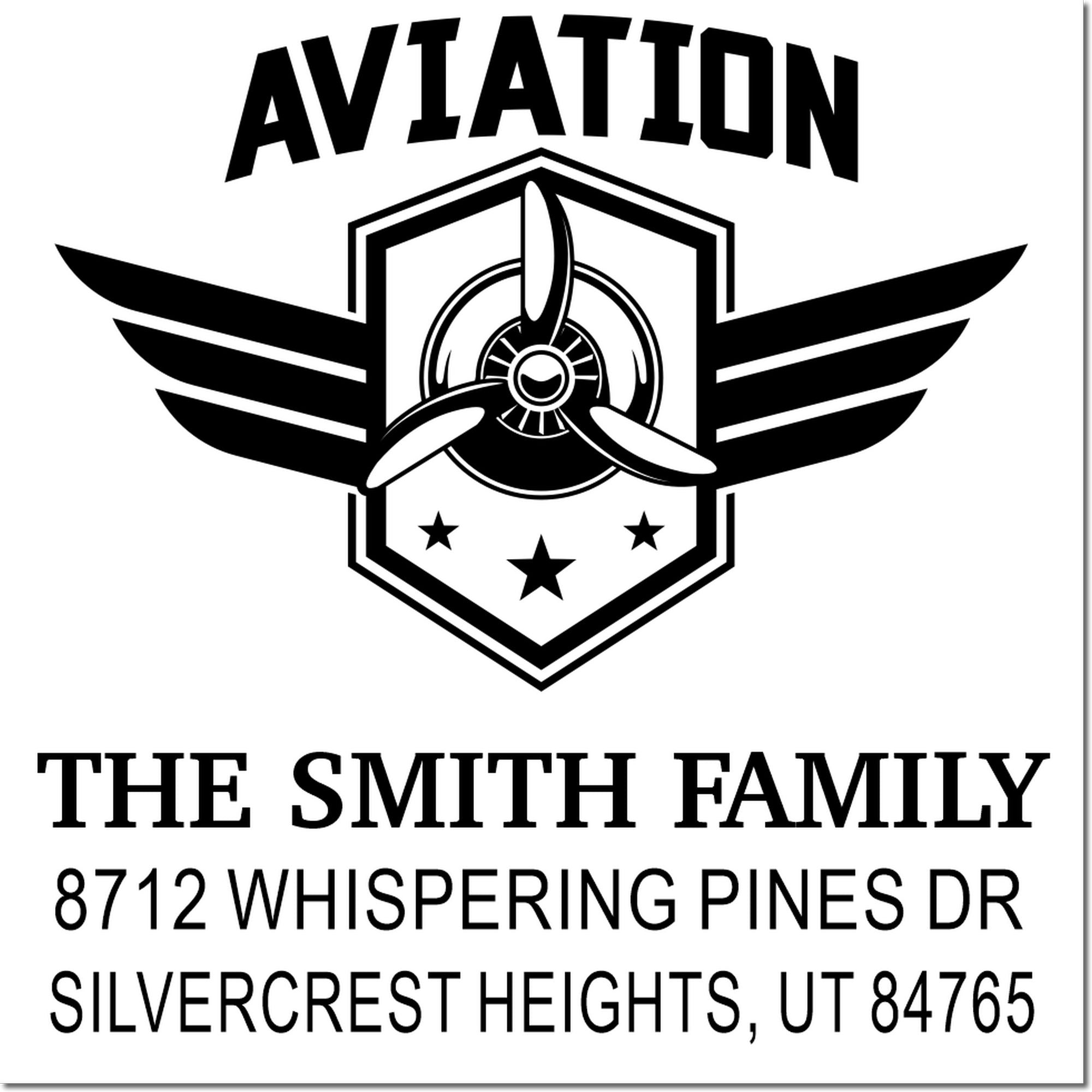 Custom aviation family address stamp with airplane propeller emblem, wings, stars, and The Smith Family name and Utah address.