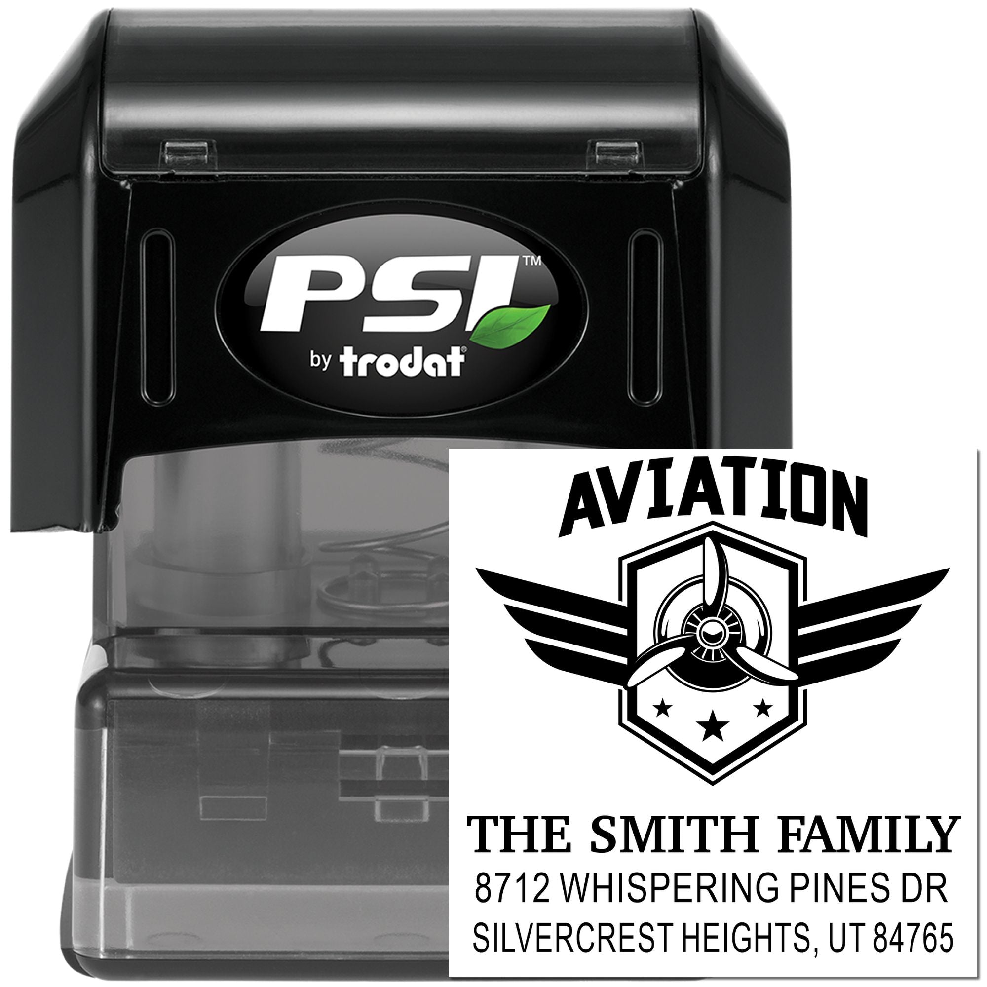 PSI by Trodat self-inking stamp displaying an aviation emblem, Smith Family name, and address on a white background.
