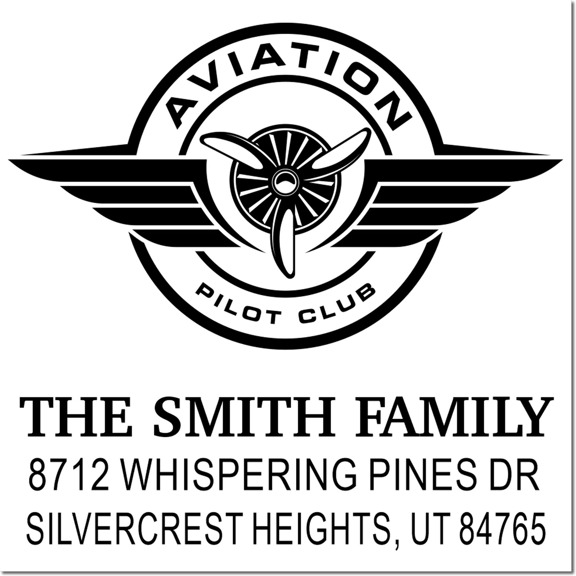 Custom aviation pilot club stamp with airplane logo and The Smith Family address, 8712 Whispering Pines Dr, Silvercrest Heights, UT 84765.