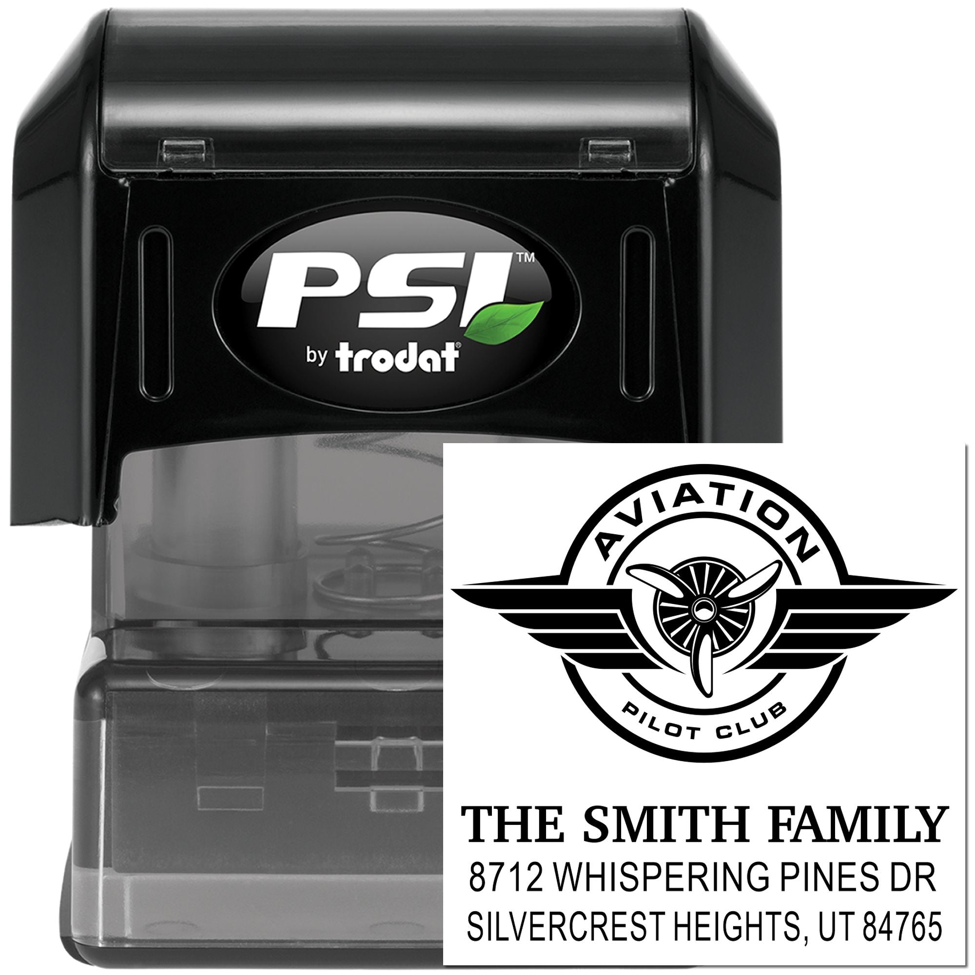PSI by Trodat self-inking stamp with Aviation Pilot Club logo and The Smith Family address imprint on white background