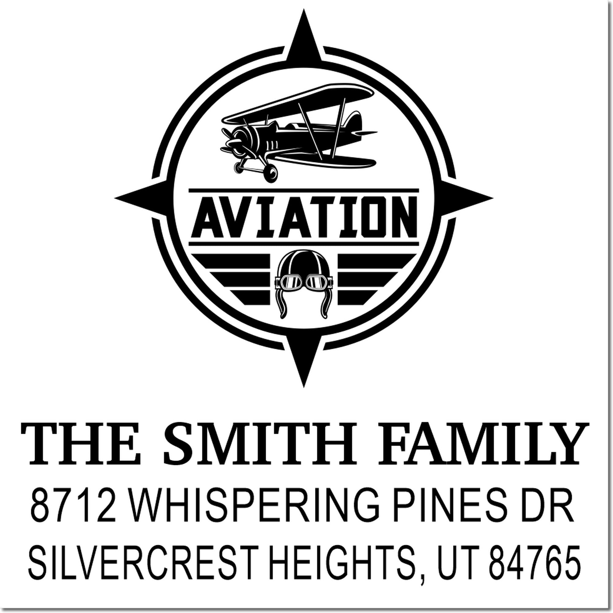 Custom aviation address stamp with biplane, pilot goggles, The Smith Family name, and Silvercrest Heights, UT address.