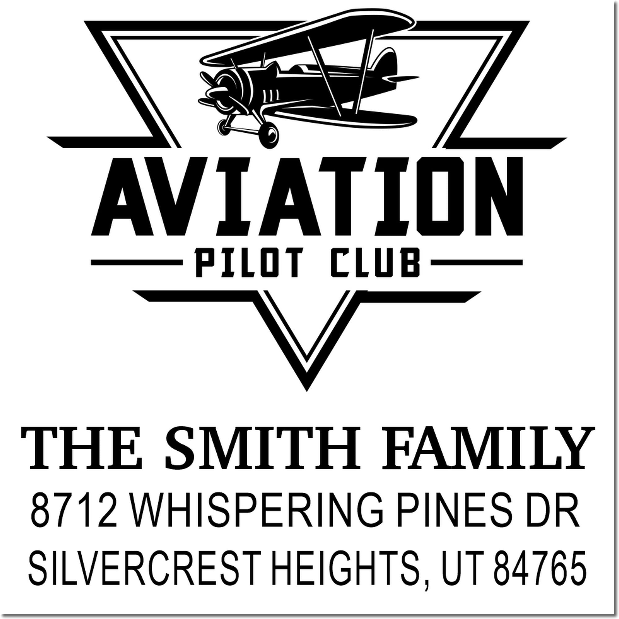 Custom aviation pilot club return address stamp with biplane logo, The Smith Family name, and Silvercrest Heights, UT address.