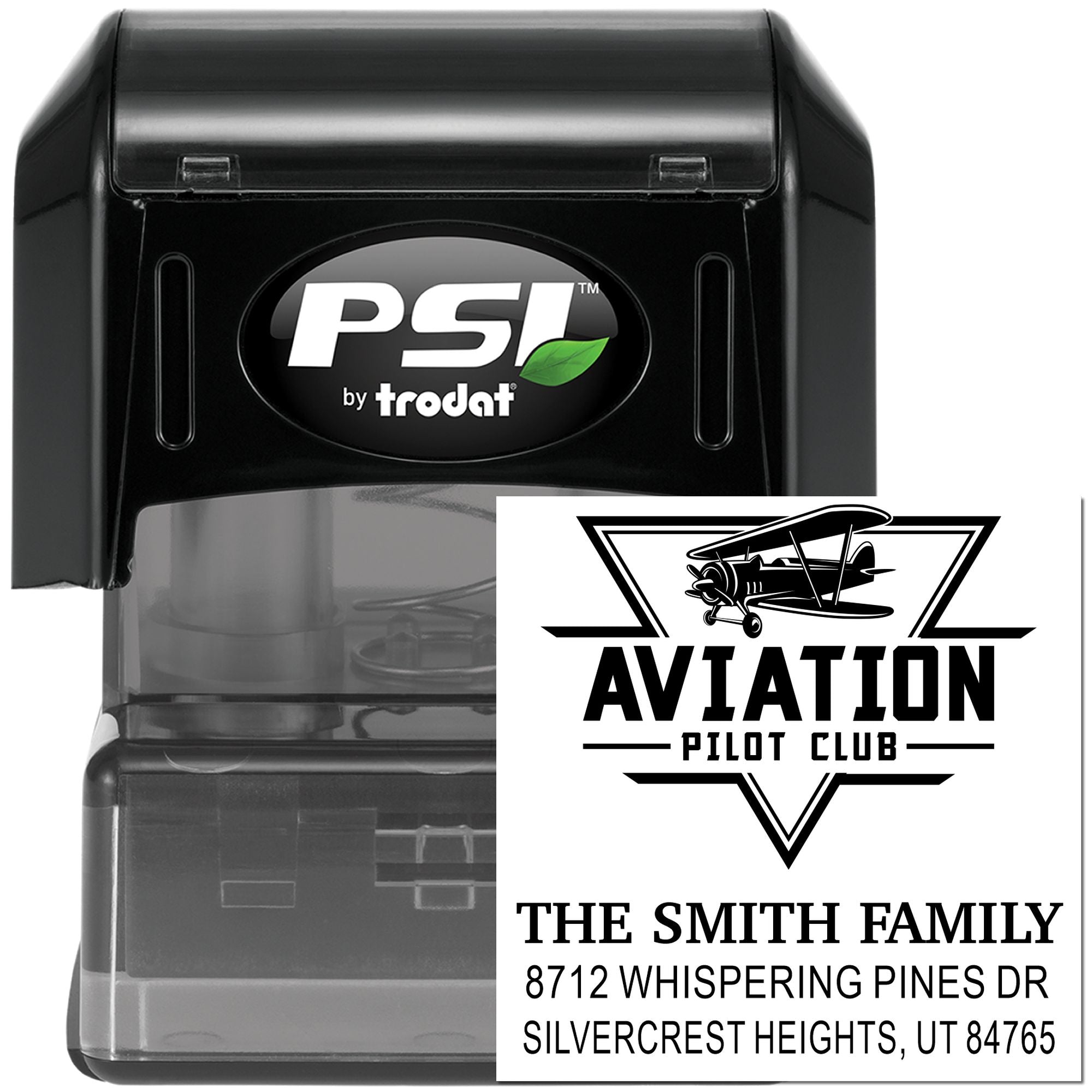 PSI by Trodat self-inking stamp with Aviation Pilot Club airplane logo and Smith family return address imprint in black case