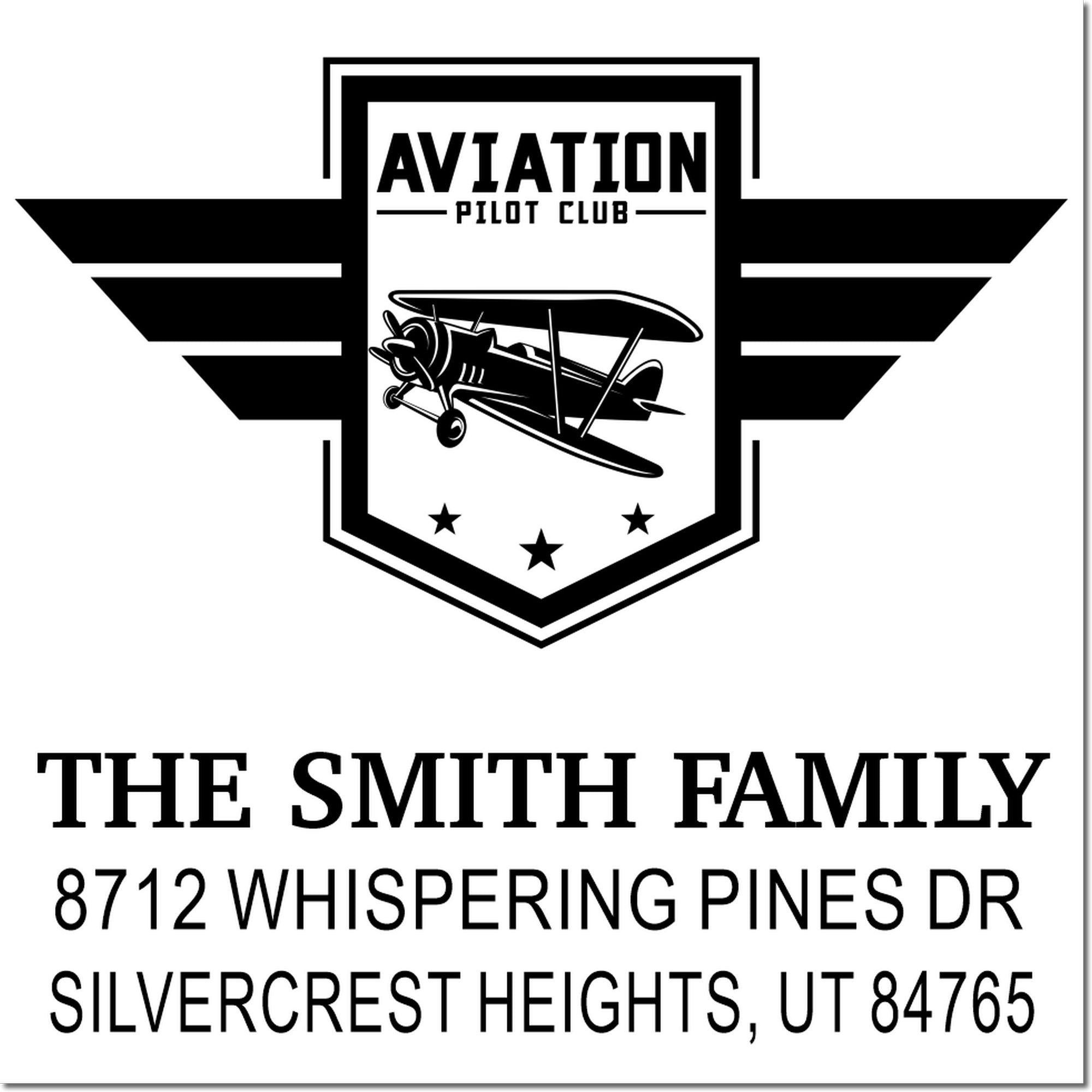 Personalized aviation pilot club address stamp with biplane emblem, family name, and Utah address in bold black on white.