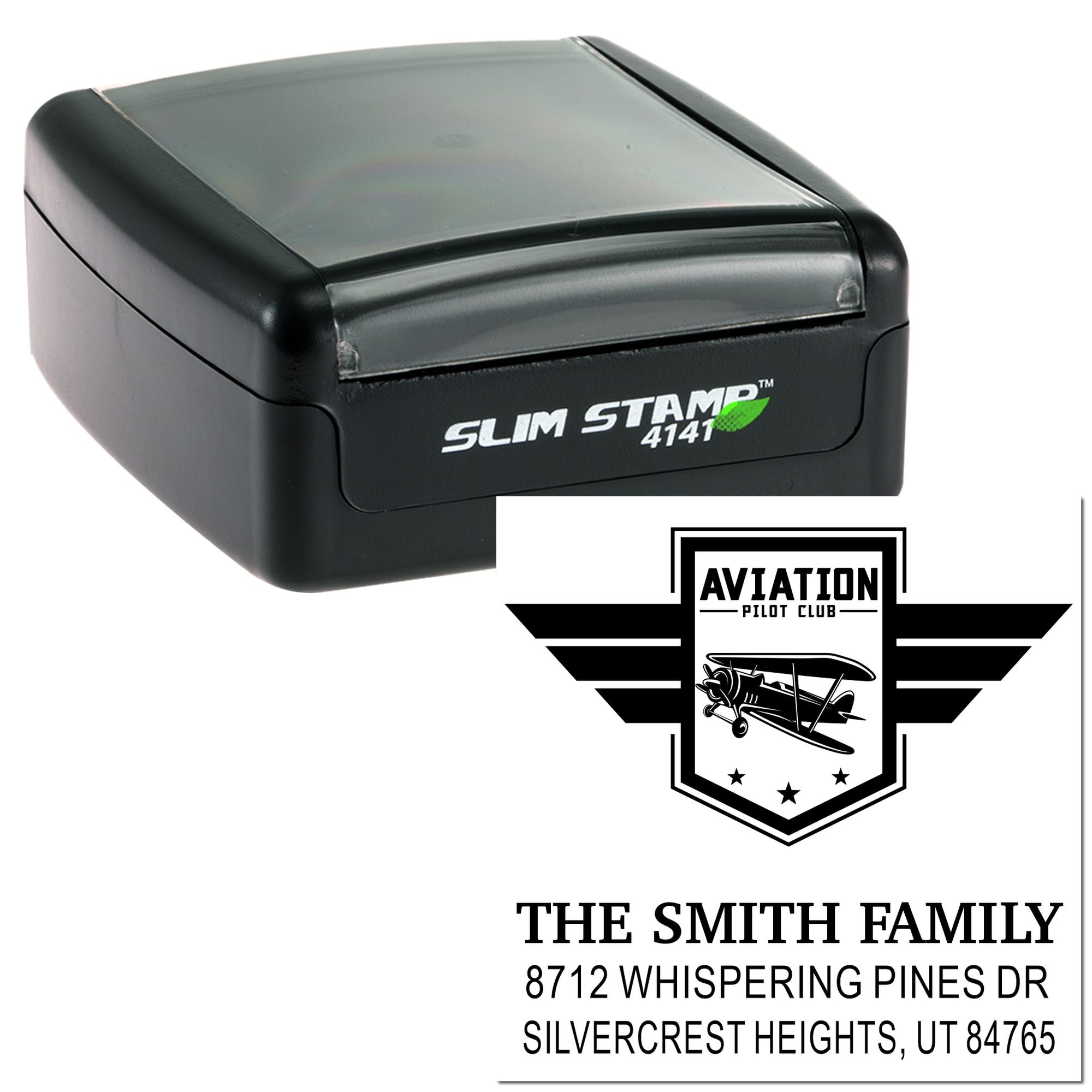 Slim Stamp 4141 self-inking address stamp with Aviation Pilot Club logo and Smith Family address imprint on a white background.