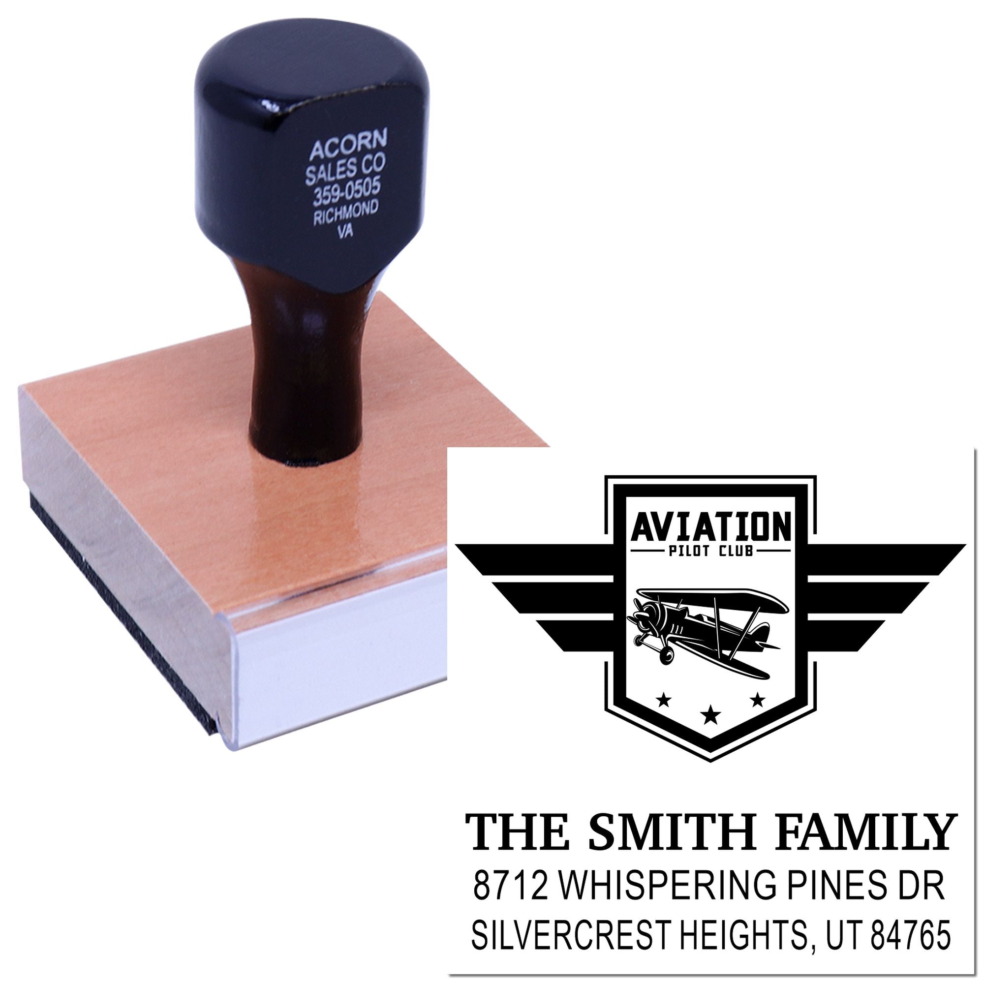 Custom self-inking stamp with Aviation Pilot Club biplane logo and The Smith Family address on a white background.
