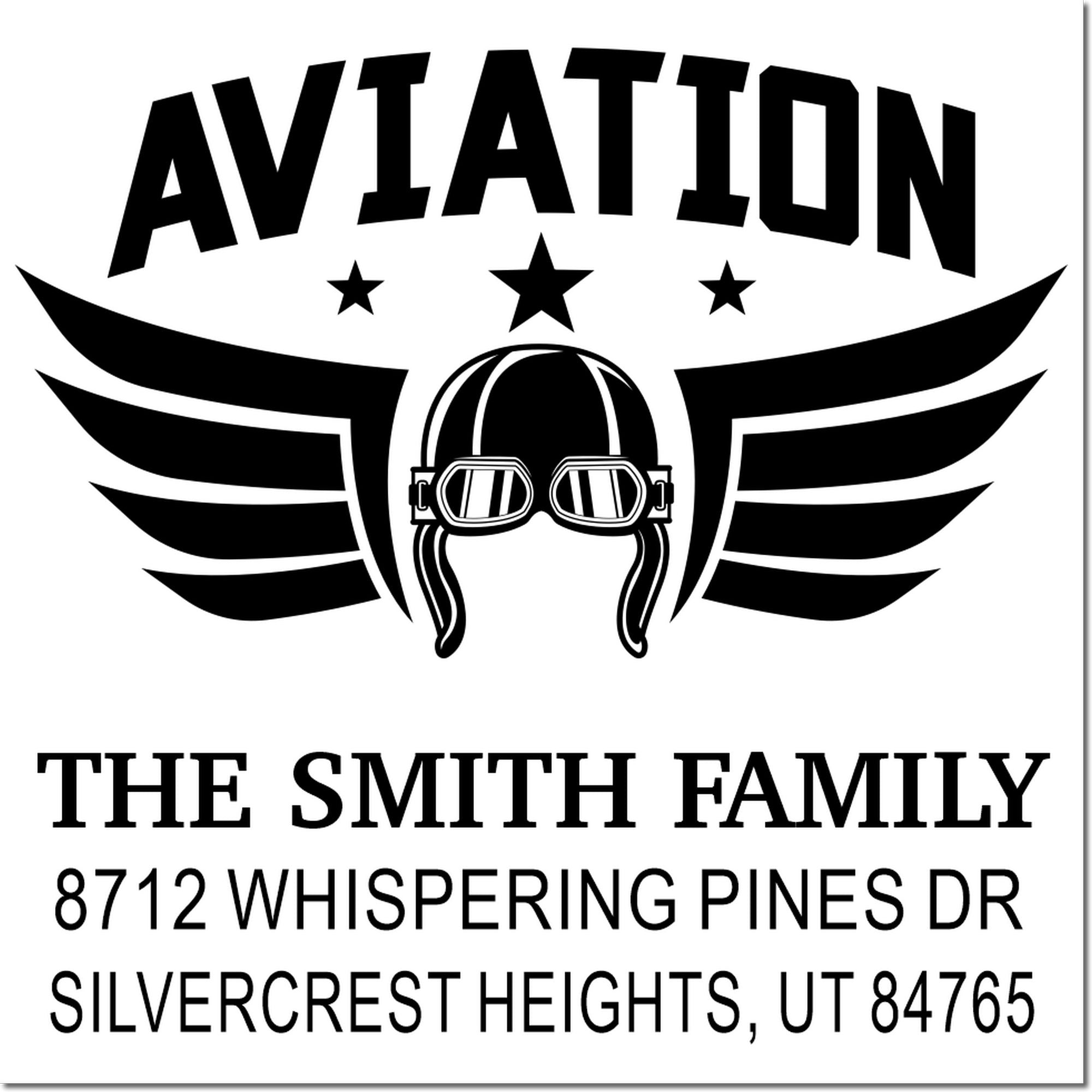 Custom aviation address stamp with pilot helmet and wings, reading The Smith Family, 8712 Whispering Pines Dr, Silvercrest Heights, UT 84765.