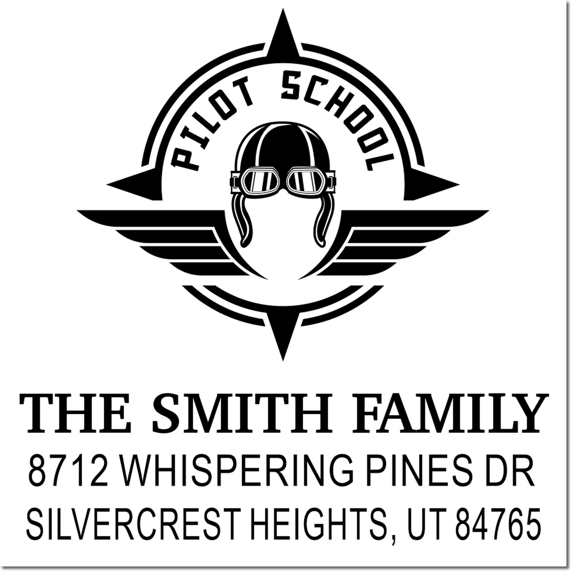 Custom return address stamp with Pilot School logo, The Smith Family name, and address: 8712 Whispering Pines Dr, Silvercrest Heights, UT 84765.