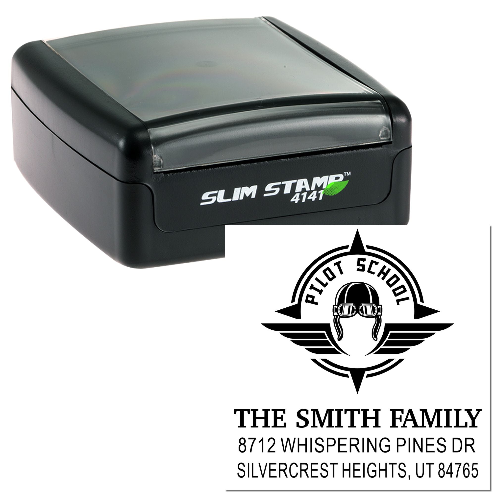 Slim Stamp 4141 self-inking address stamp featuring Pilot School logo, The Smith Family name, and Silvercrest Heights, UT address on white background.