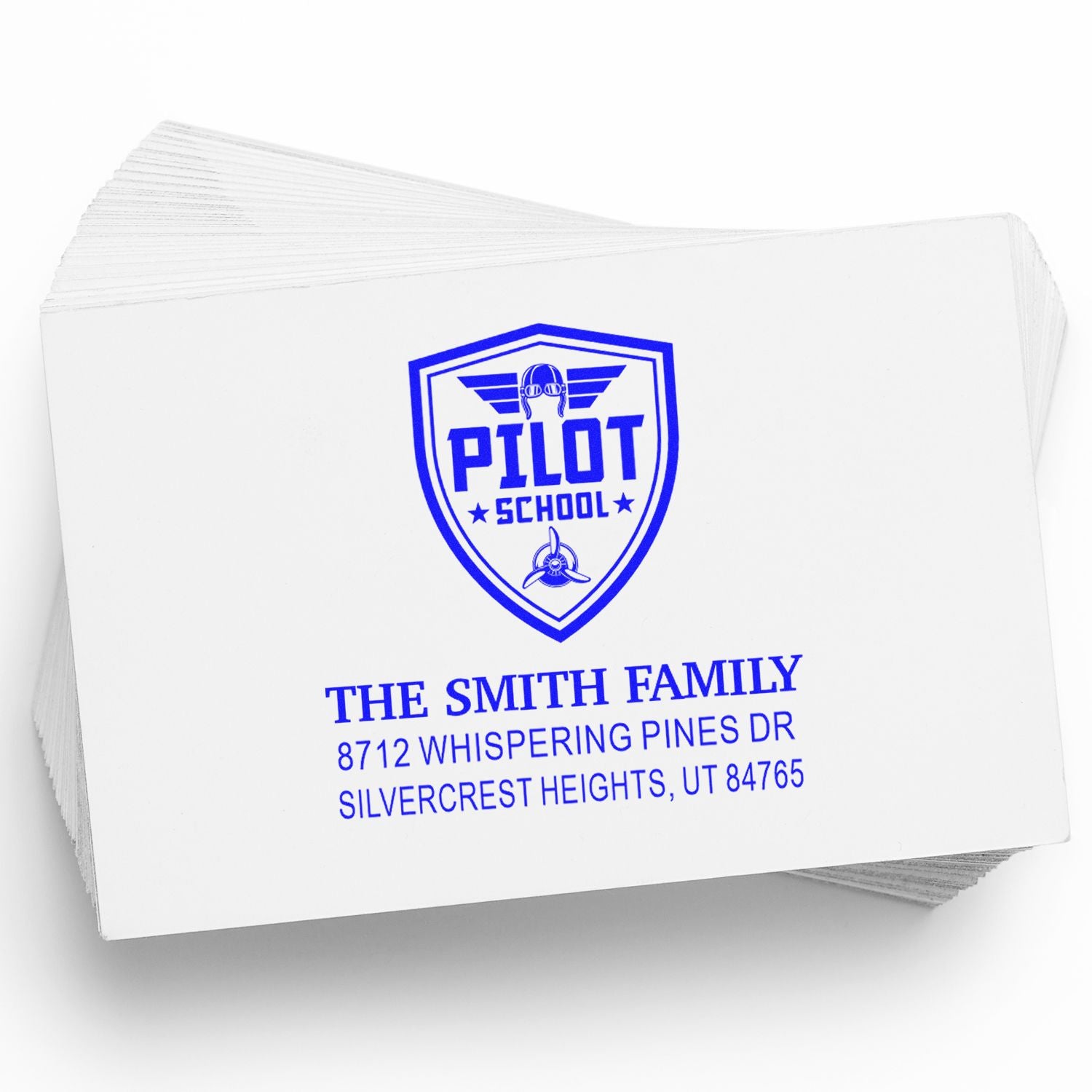 Custom blue Pilot School address stamp set for The Smith Family with airplane crest and Silvercrest Heights, UT return address on white cards.
