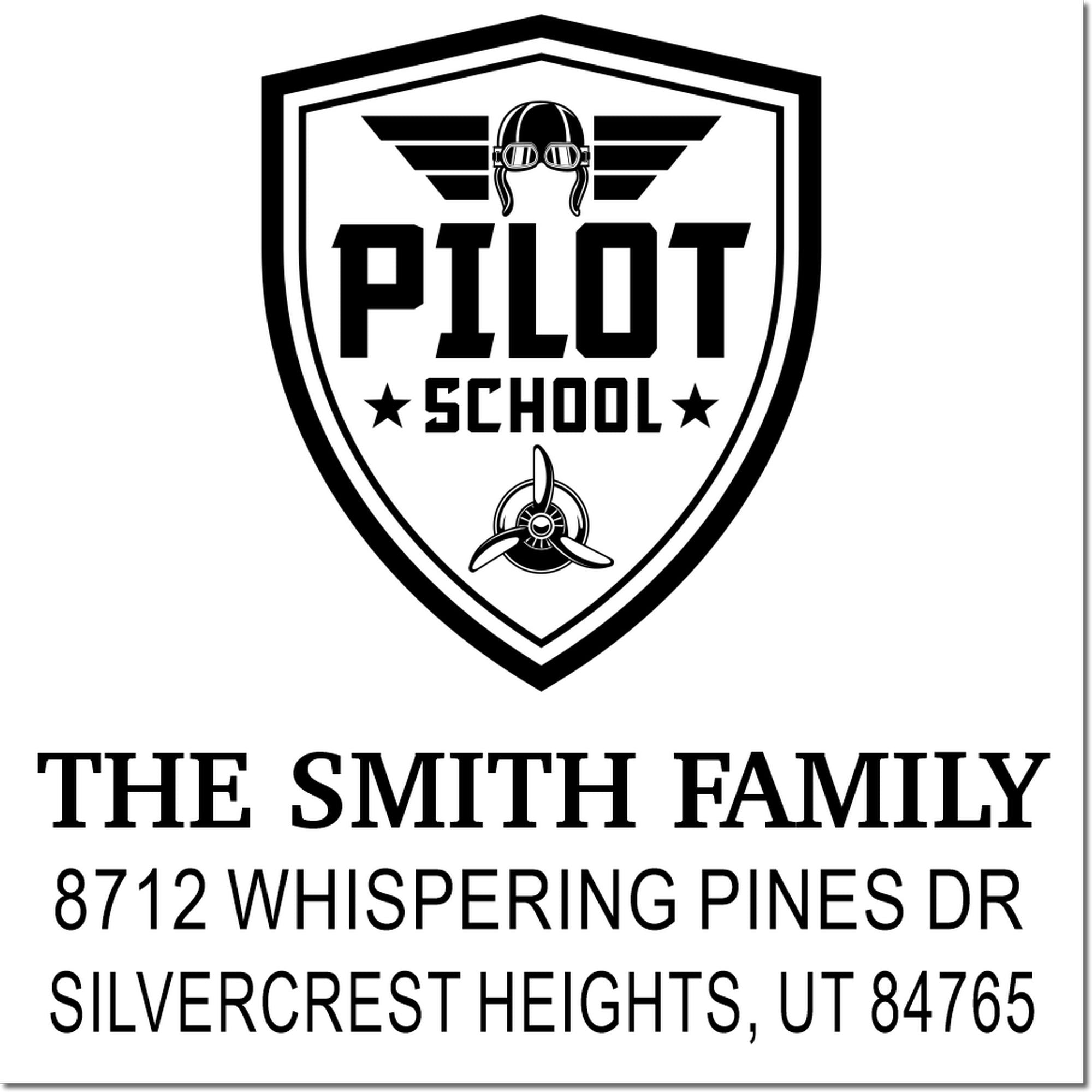 Personalized Pilot School address stamp with aviator shield logo for The Smith Family, 8712 Whispering Pines Dr, Silvercrest Heights, UT 84765.