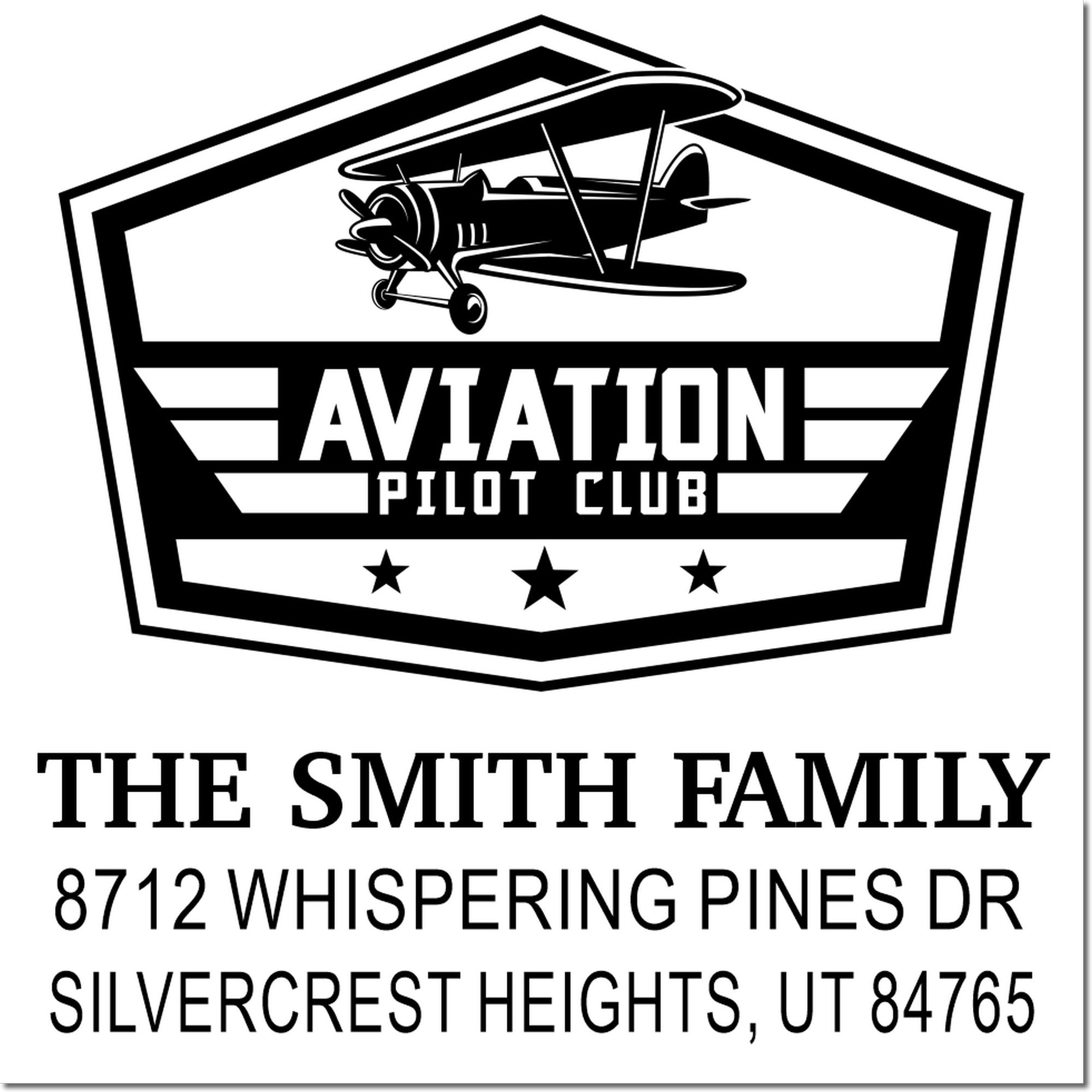 Personalized aviation pilot club address stamp with biplane logo, The Smith Family, and Silvercrest Heights UT return address.