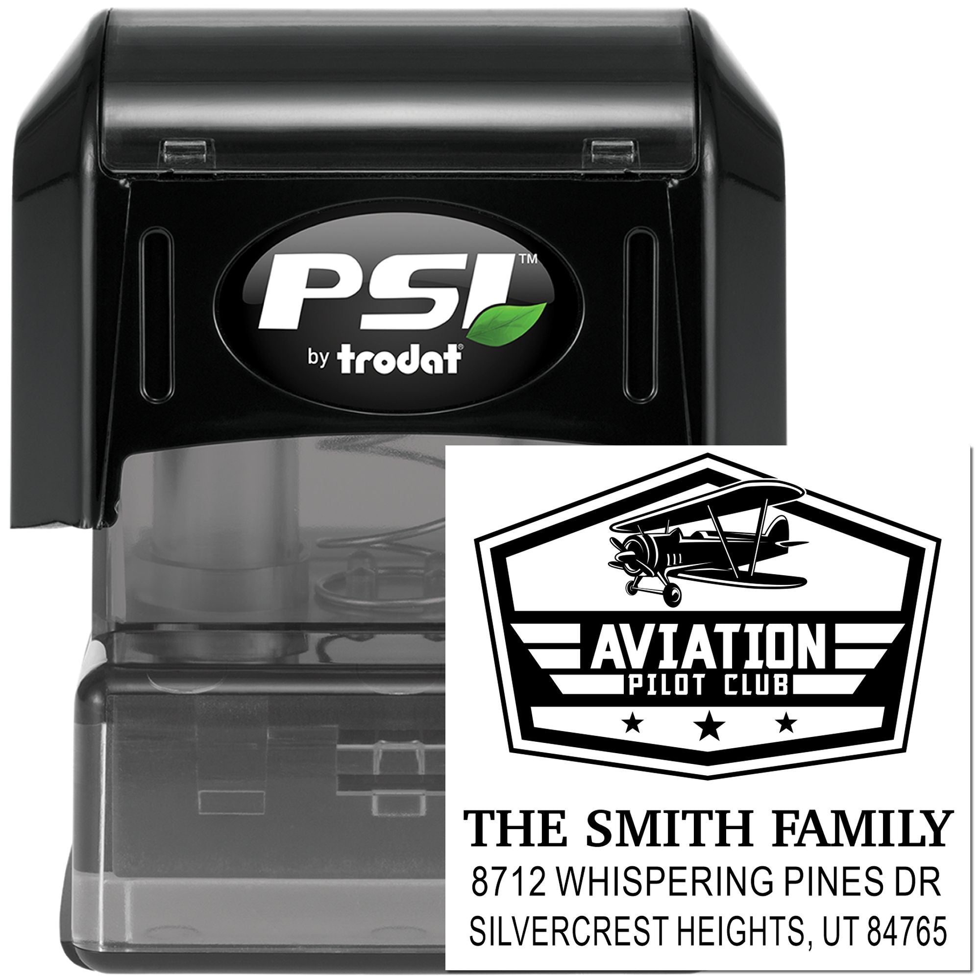 Self-inking PSI by Trodat custom aviation pilot club address stamp with biplane logo and Smith family address.