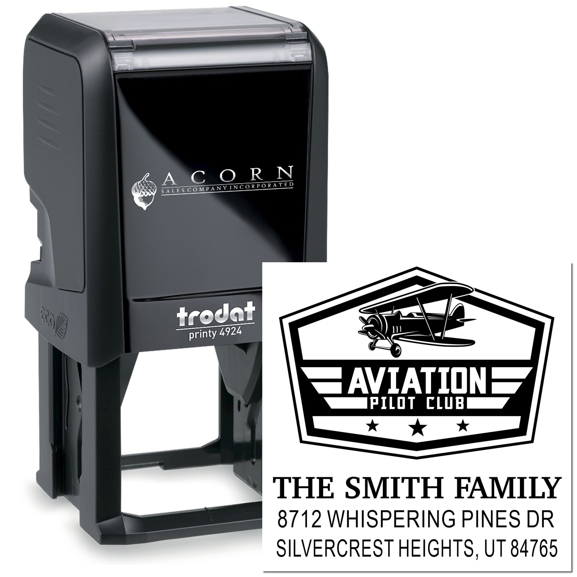 Custom self-inking Trodat Printy 4924 stamp with Aviation Pilot Club logo, The Smith Family address, and black stamp on white background.