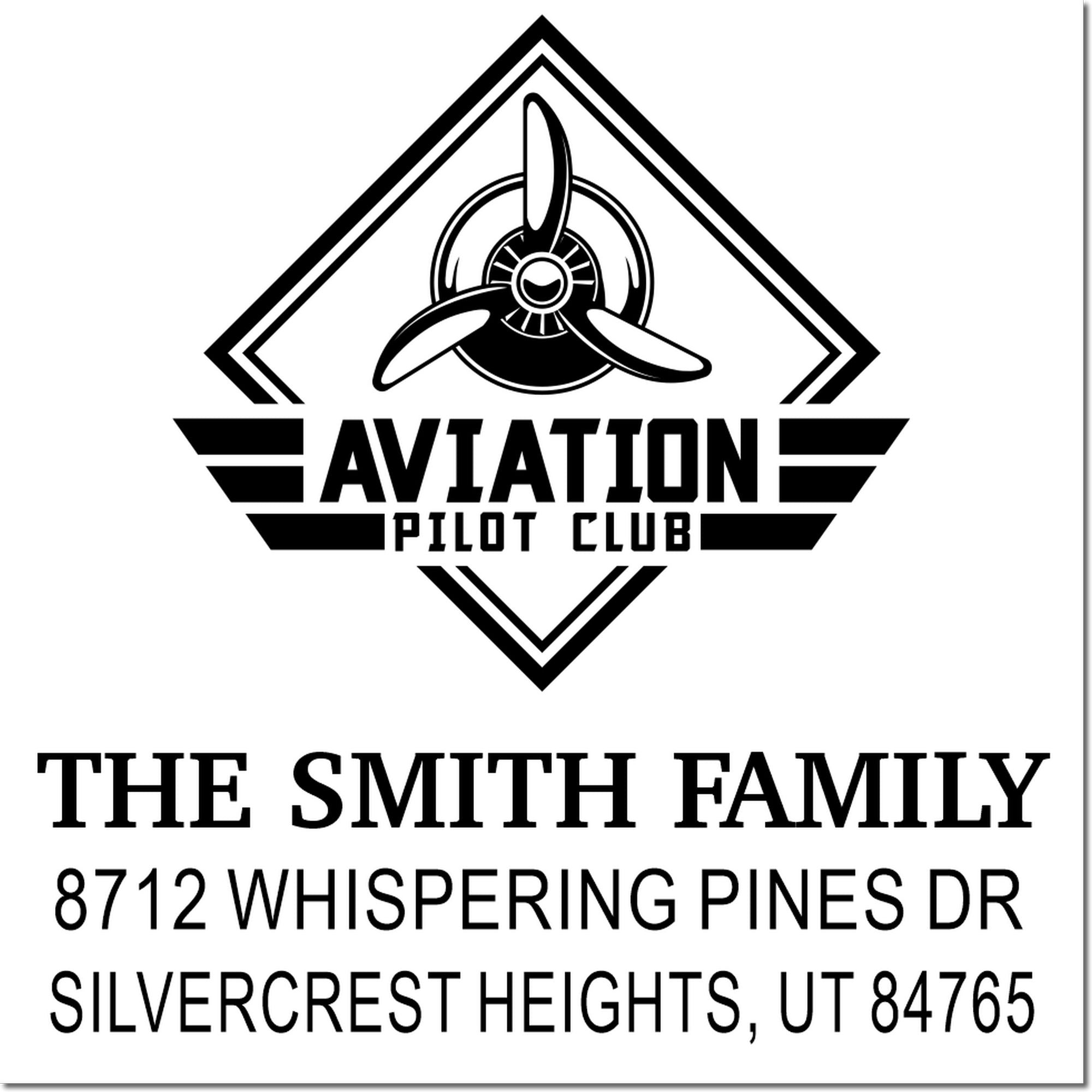 Custom aviation pilot club address stamp for The Smith Family, featuring a propeller logo and Silvercrest Heights, UT return address.