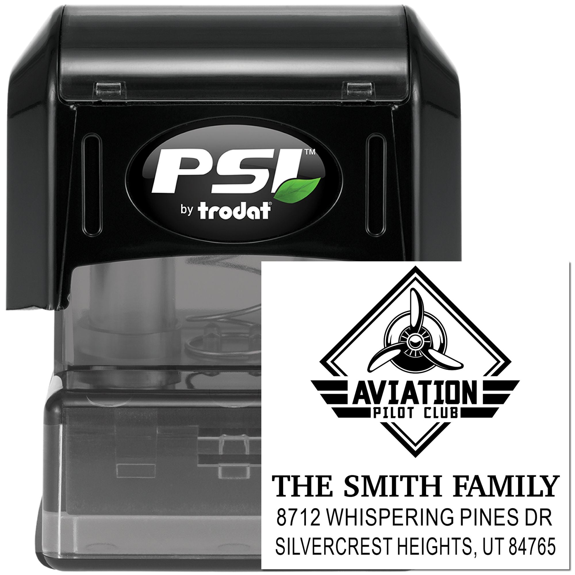 PSI by Trodat self-inking custom stamp featuring Aviation Pilot Club logo and The Smith Family address, shown on a white product background.