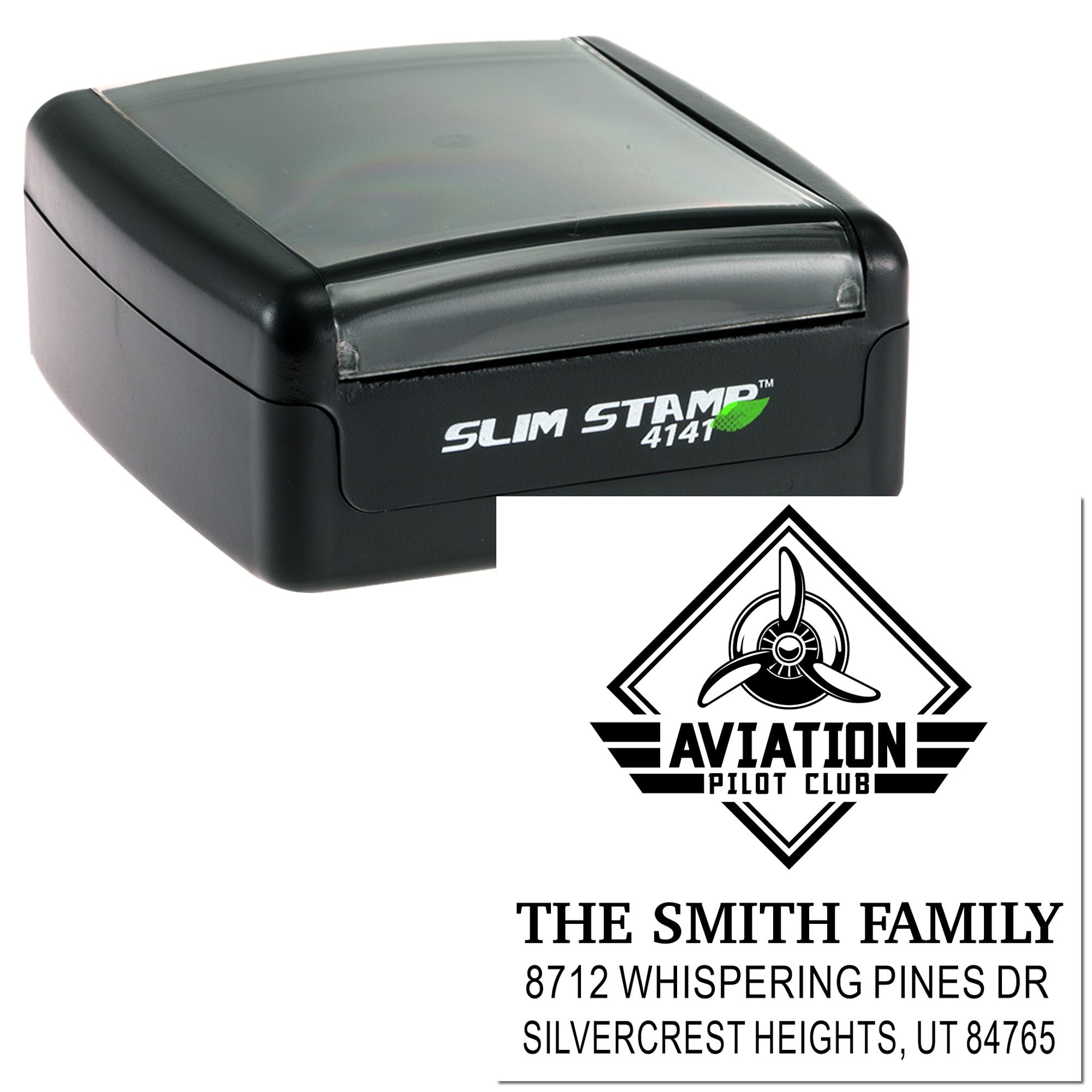 Slim Stamp 4141 self-inking stamp with aviation pilot club design and custom family address imprint on white background.