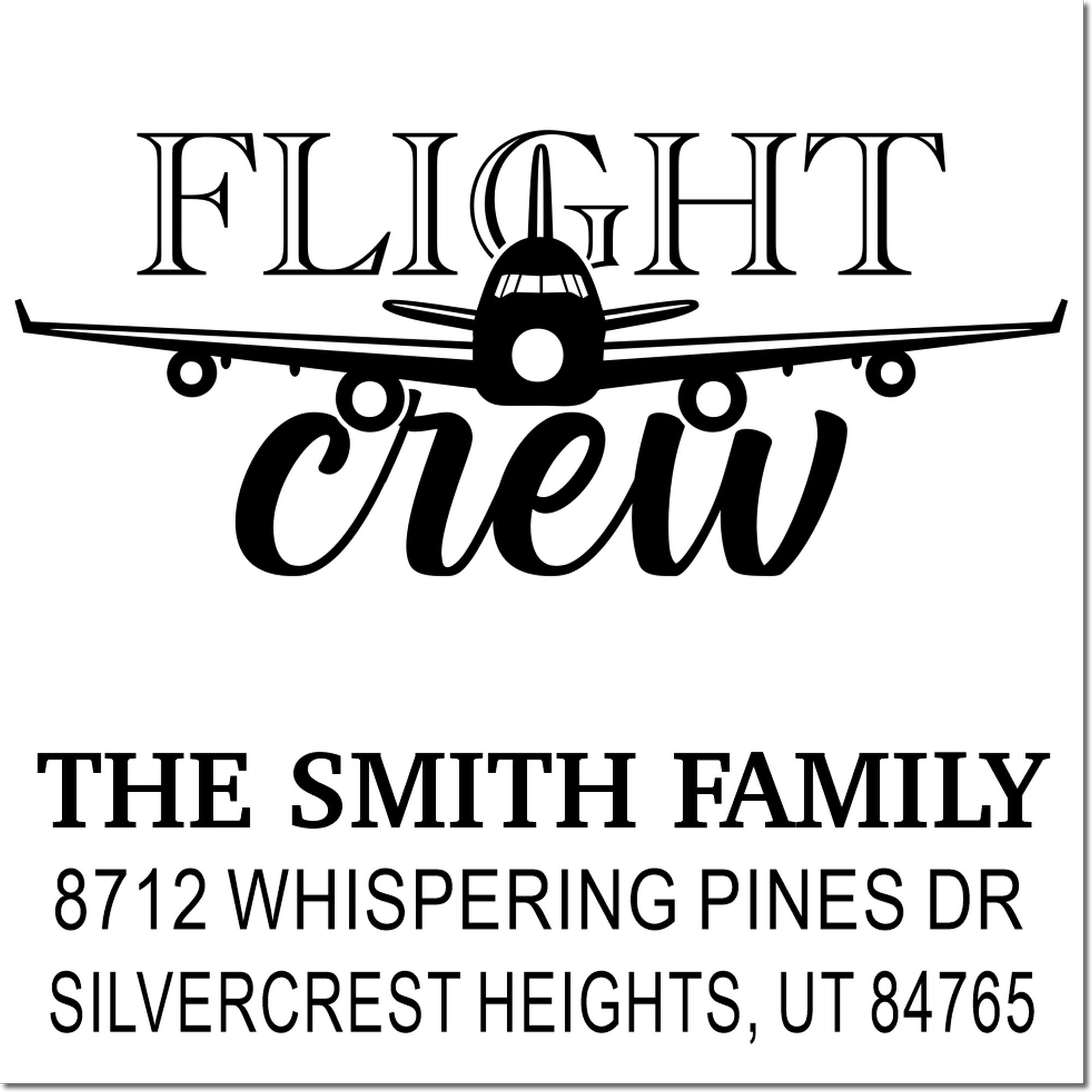 Custom airplane flight crew address stamp with jet silhouette, The Smith Family, Whispering Pines Dr, Silvercrest Heights, UT 84765.