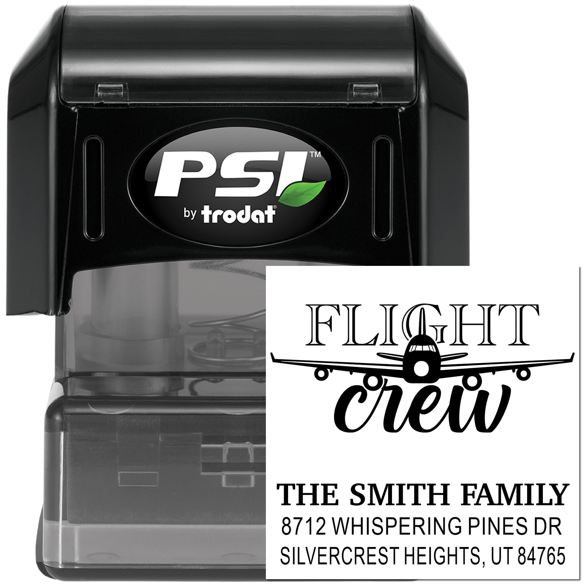 Black PSI by Trodat self-inking custom stamp on white background, showing Flight Crew airplane design and The Smith Family address.