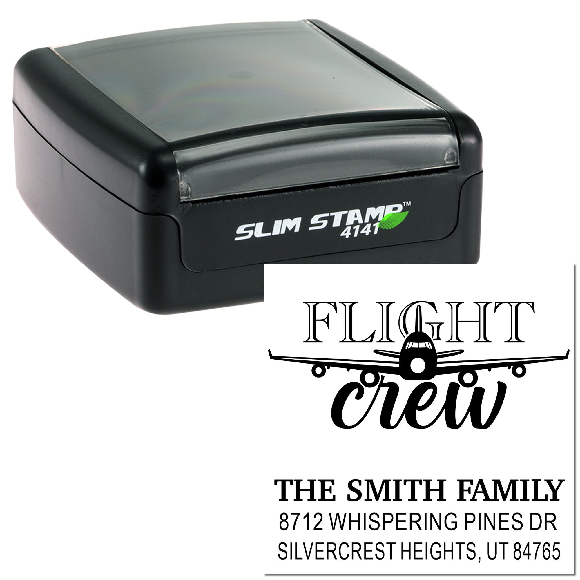 Black Slim Stamp 4141 self-inking stamp with custom Flight Crew return address design, airplane graphic, and Smith family address on white background.