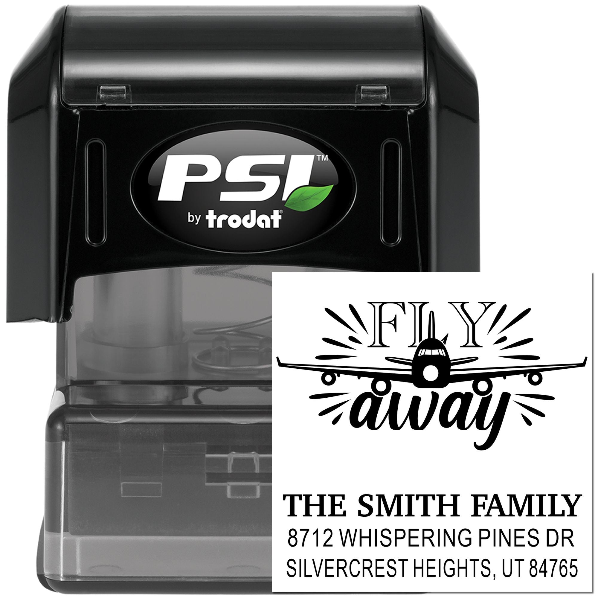 Custom self-inking address stamp with airplane and Fly away design, showing The Smith Family name and Silvercrest Heights, UT return address.