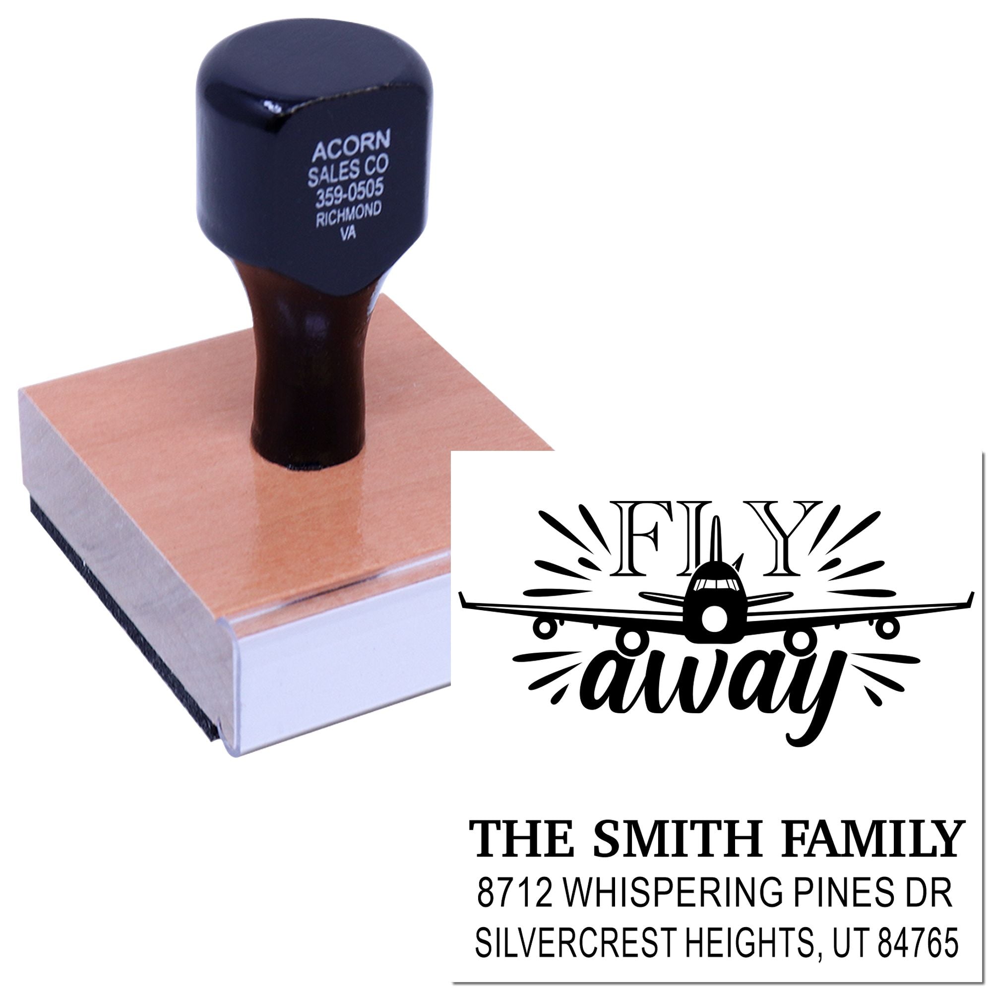 Custom return address stamp with airplane fly away design, reading The Smith Family and Silvercrest Heights, UT, on a wood mount block.