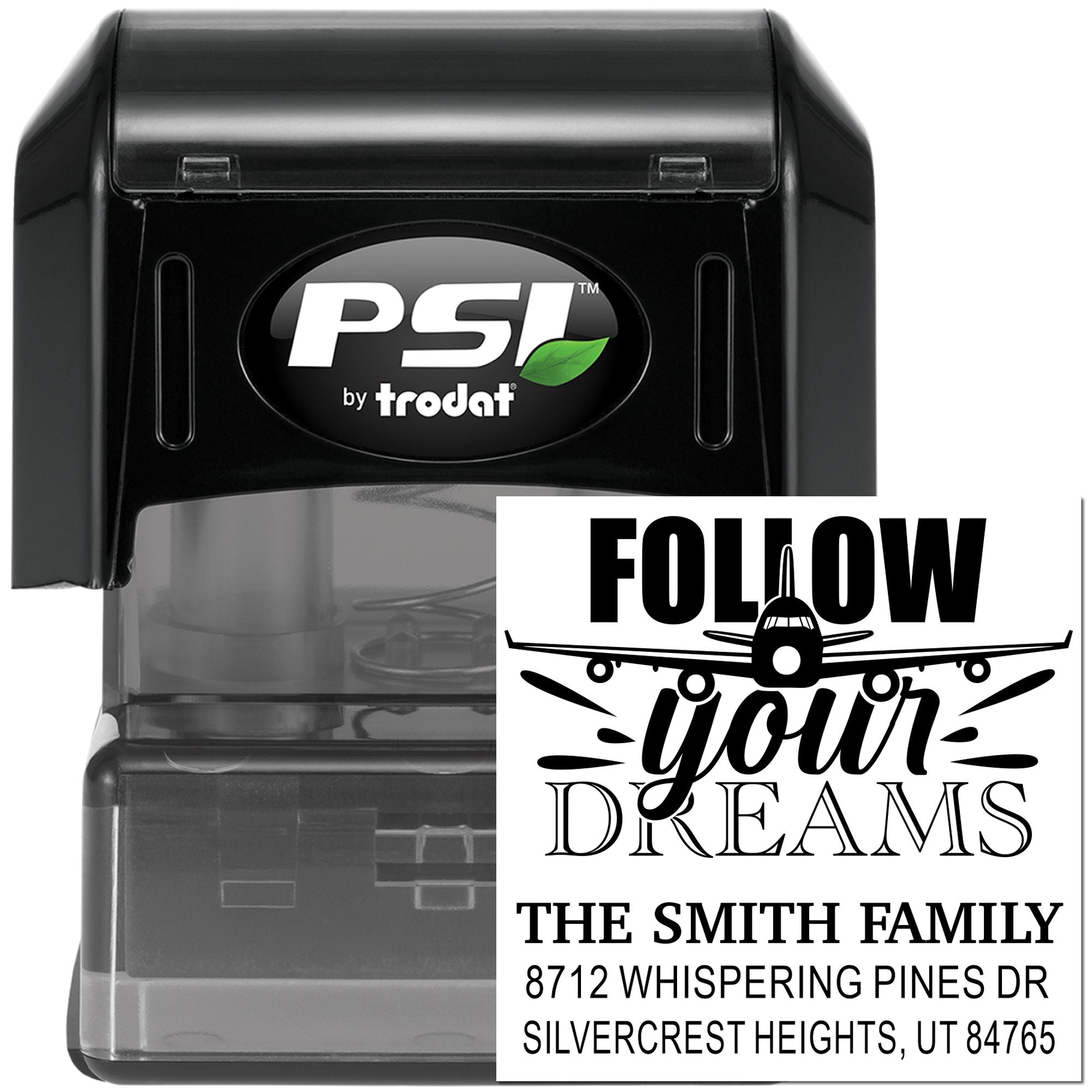 Personalized self-inking address stamp by Trodat PSI with airplane design and Follow your dreams custom family return address text.