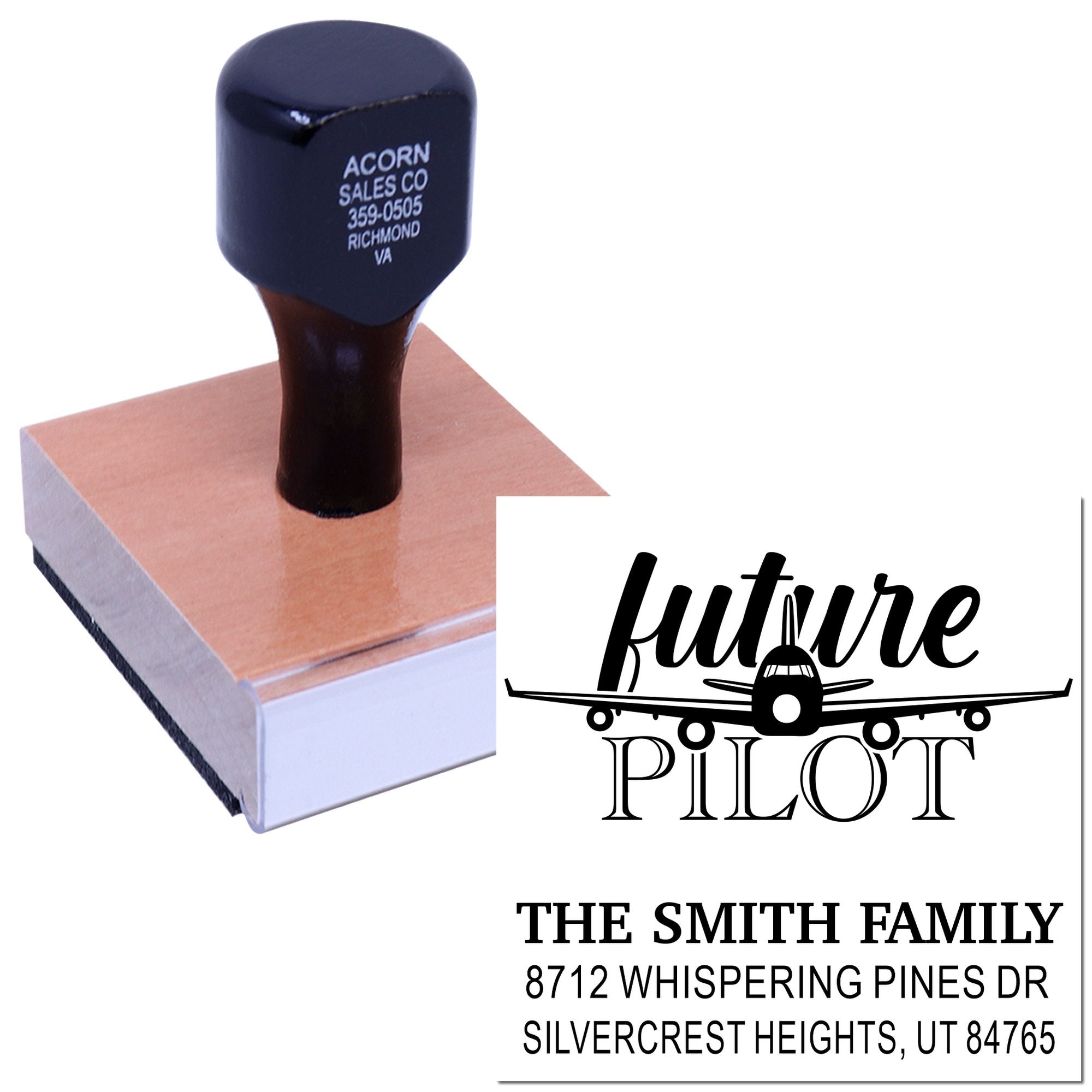 Custom self-inking address stamp with airplane and future pilot design, shown on a white background with the stamp impression.