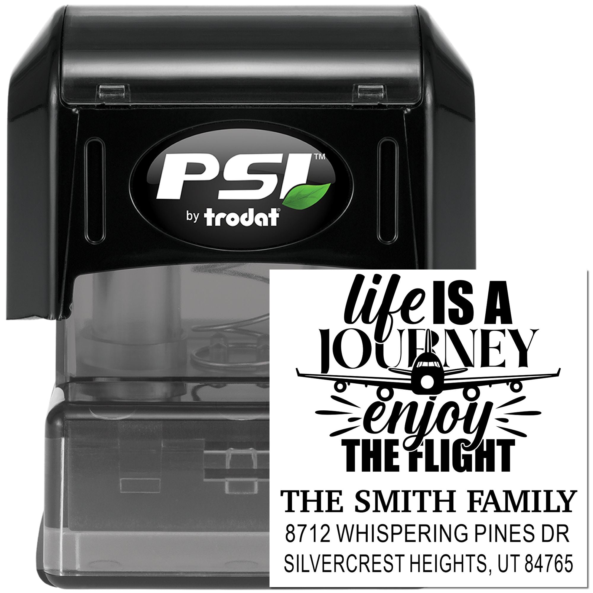 PSI by Trodat self-inking custom stamp with travel quote, airplane graphic, Smith family name, and address on a white background.
