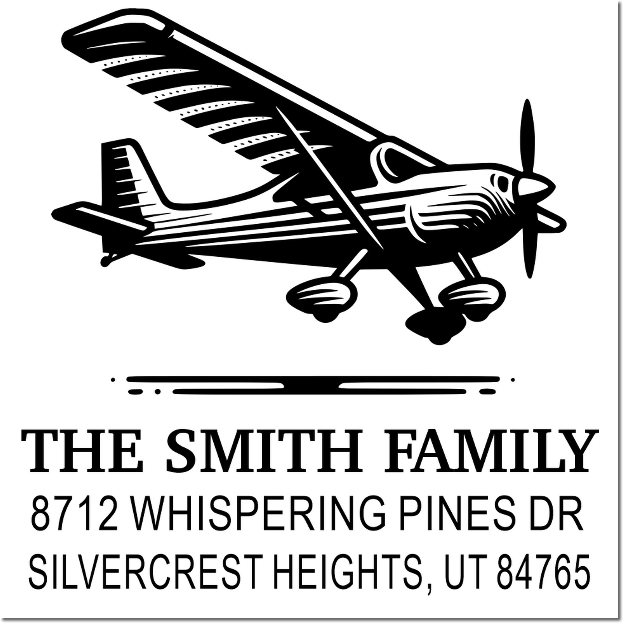 Custom airplane return address stamp for The Smith Family, 8712 Whispering Pines Dr, Silvercrest Heights, UT 84765.