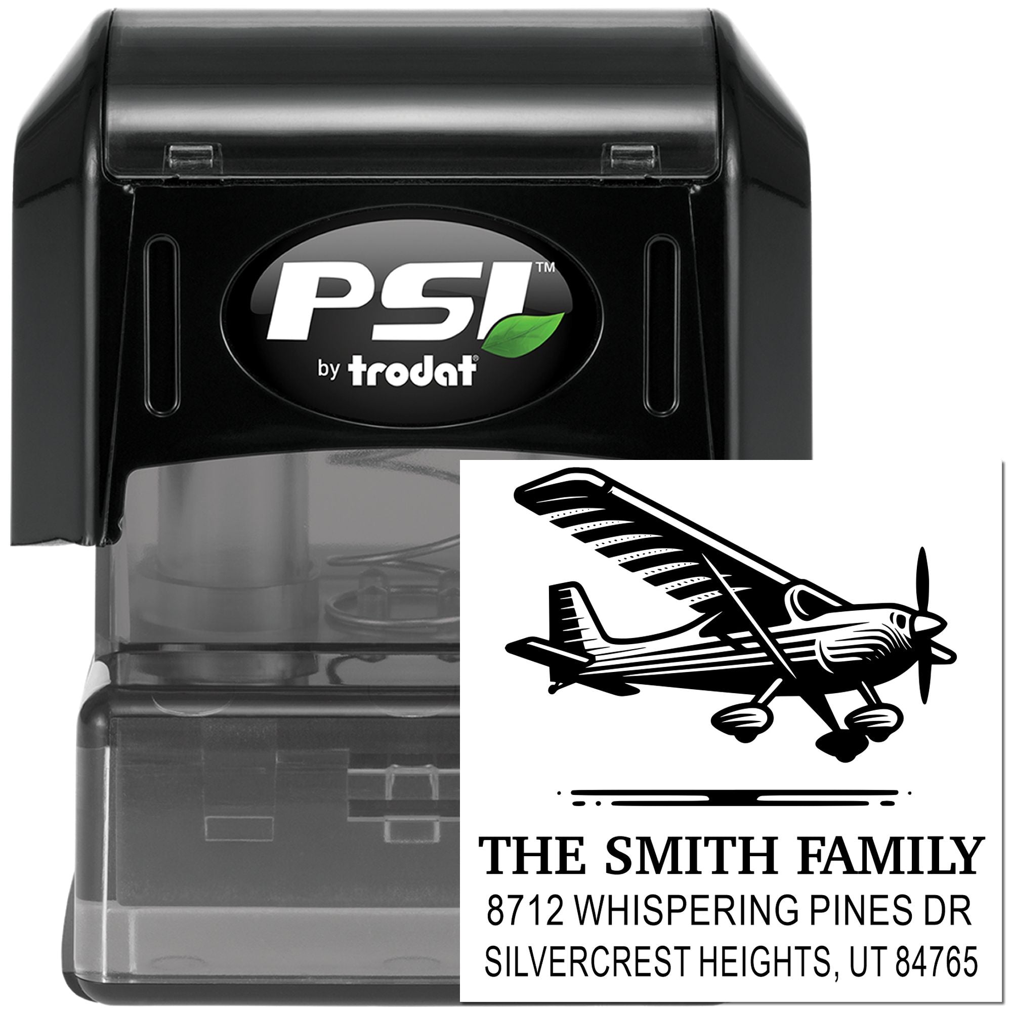 PSI by Trodat self-inking address stamp with airplane graphic for The Smith Family on a white background.
