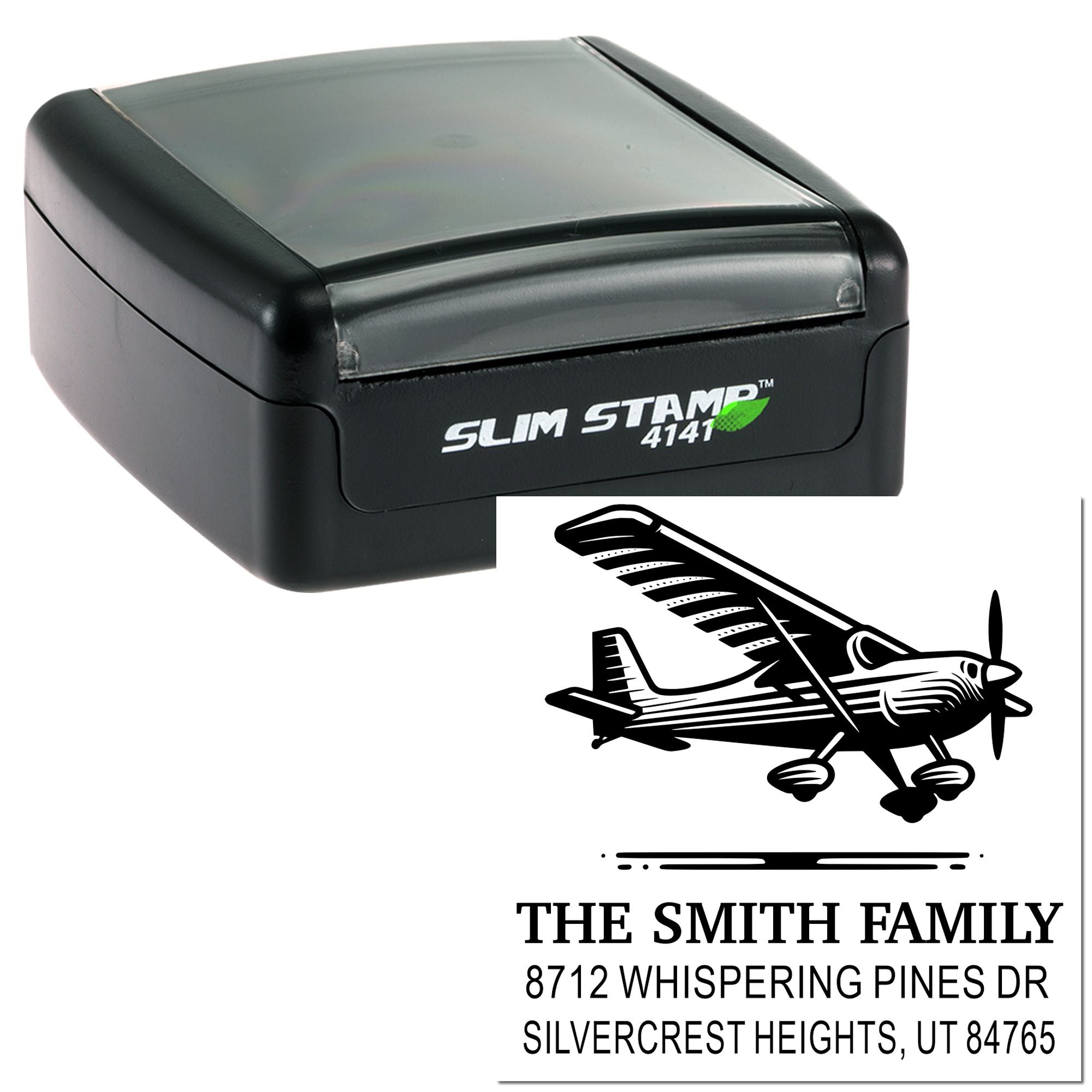 Custom self-inking Slim Stamp 4141 with airplane graphic and return address for The Smith Family on a white background.