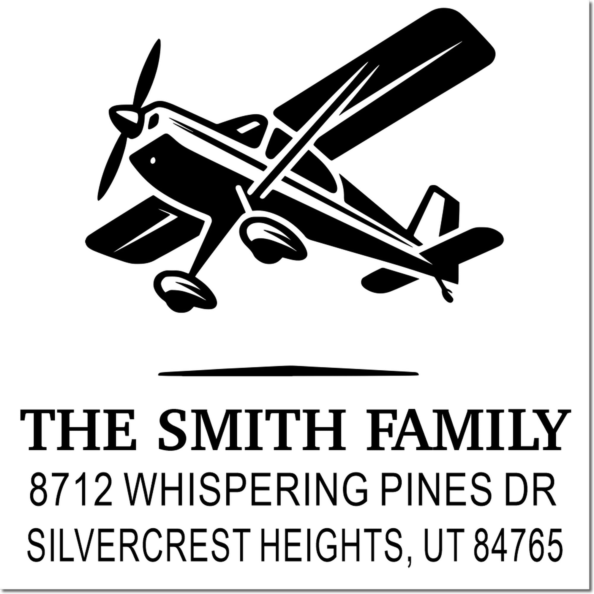 Custom family address stamp with airplane silhouette, The Smith Family, and address: 8712 Whispering Pines Dr, Silvercrest Heights, UT 84765.