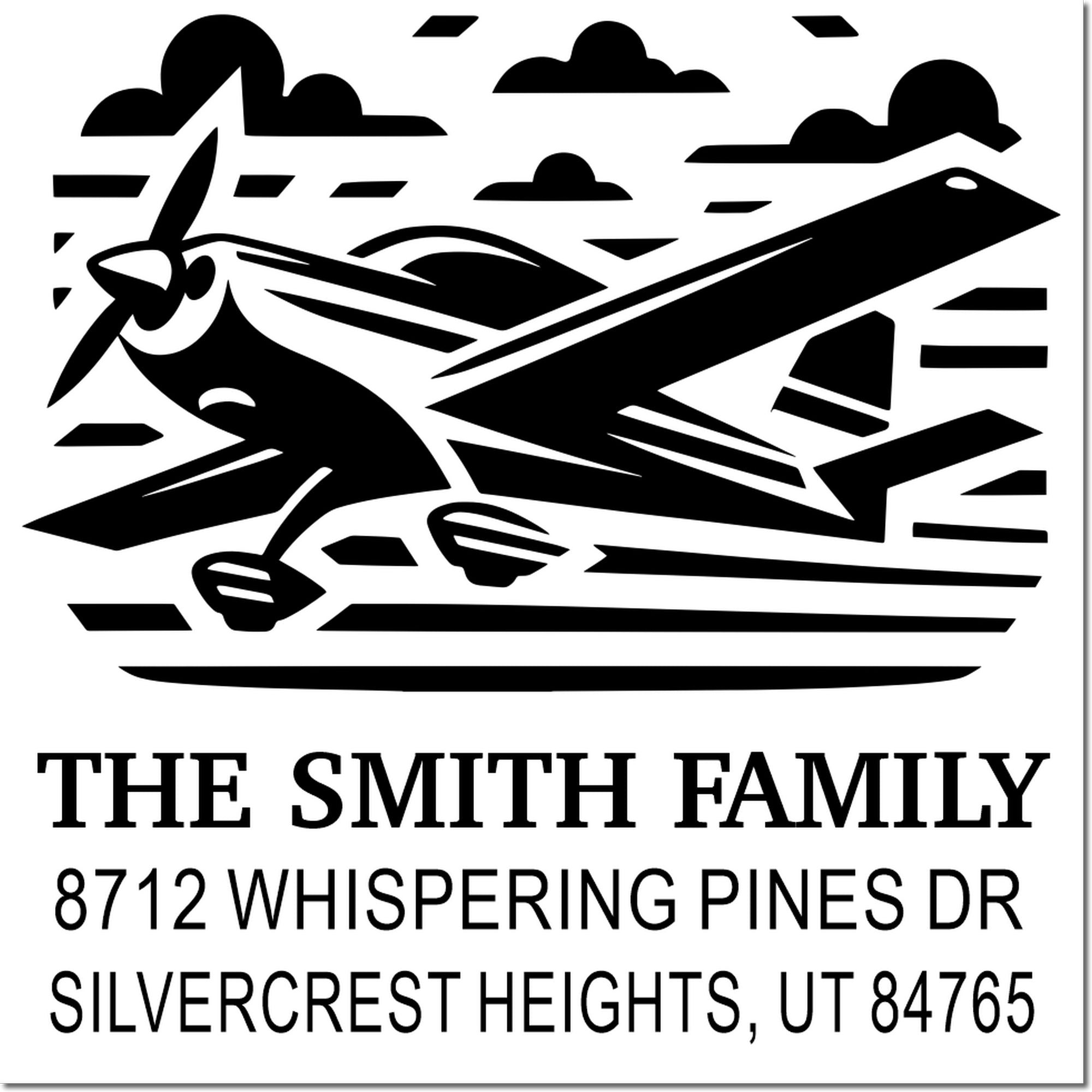 Custom address stamp with airplane silhouette flying over clouds, for The Smith Family, 8712 Whispering Pines Dr, Silvercrest Heights, UT 84765.
