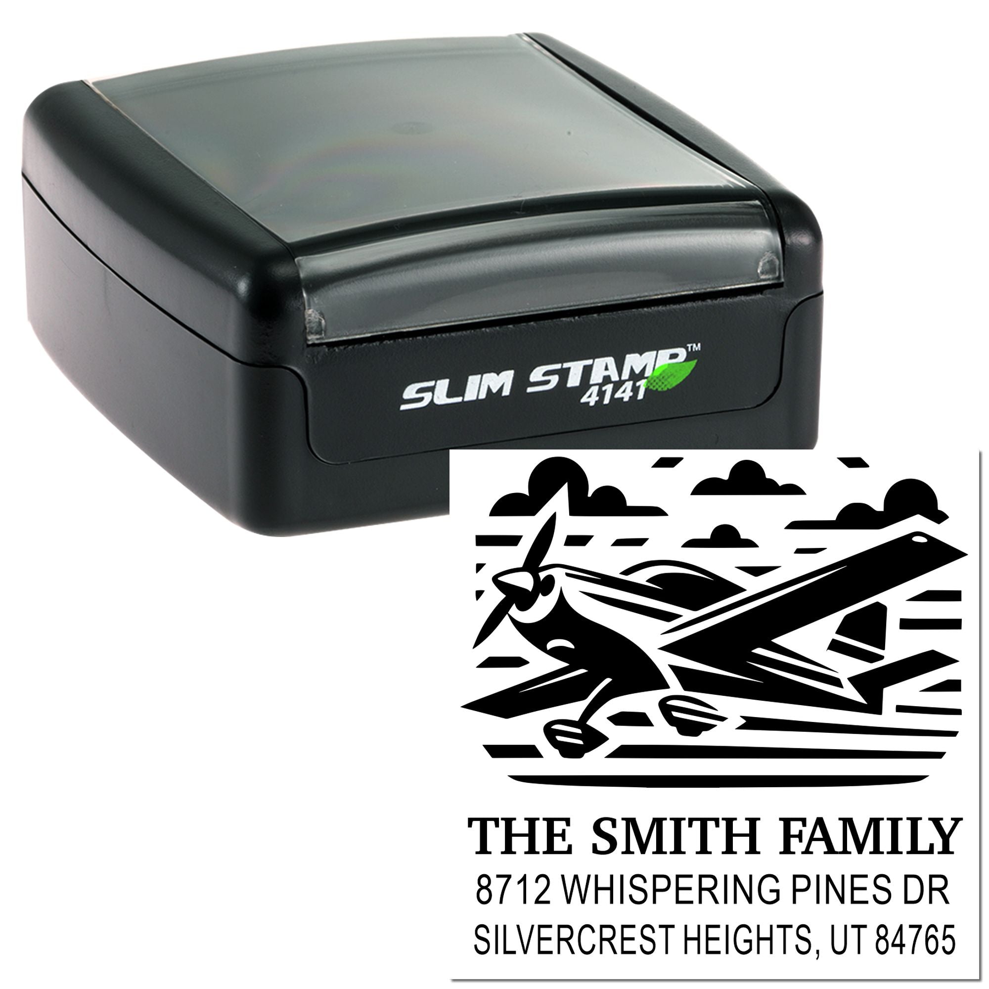 Custom self-inking stamp with airplane logo and return address for The Smith Family, shown beside its imprint on a white background.