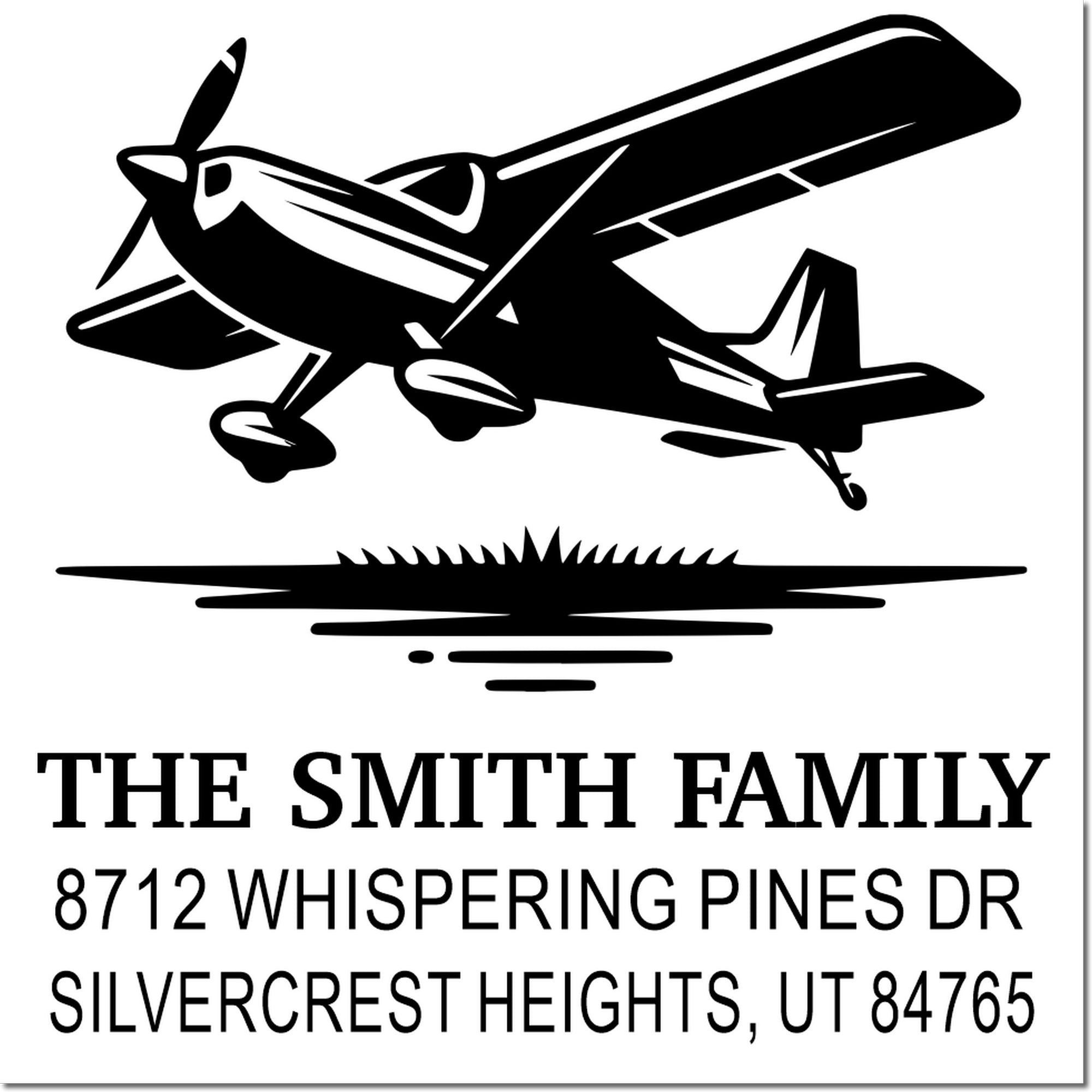 Custom address stamp with airplane silhouette and landing strip, featuring The Smith Family at 8712 Whispering Pines Dr, Silvercrest Heights, UT 84765.