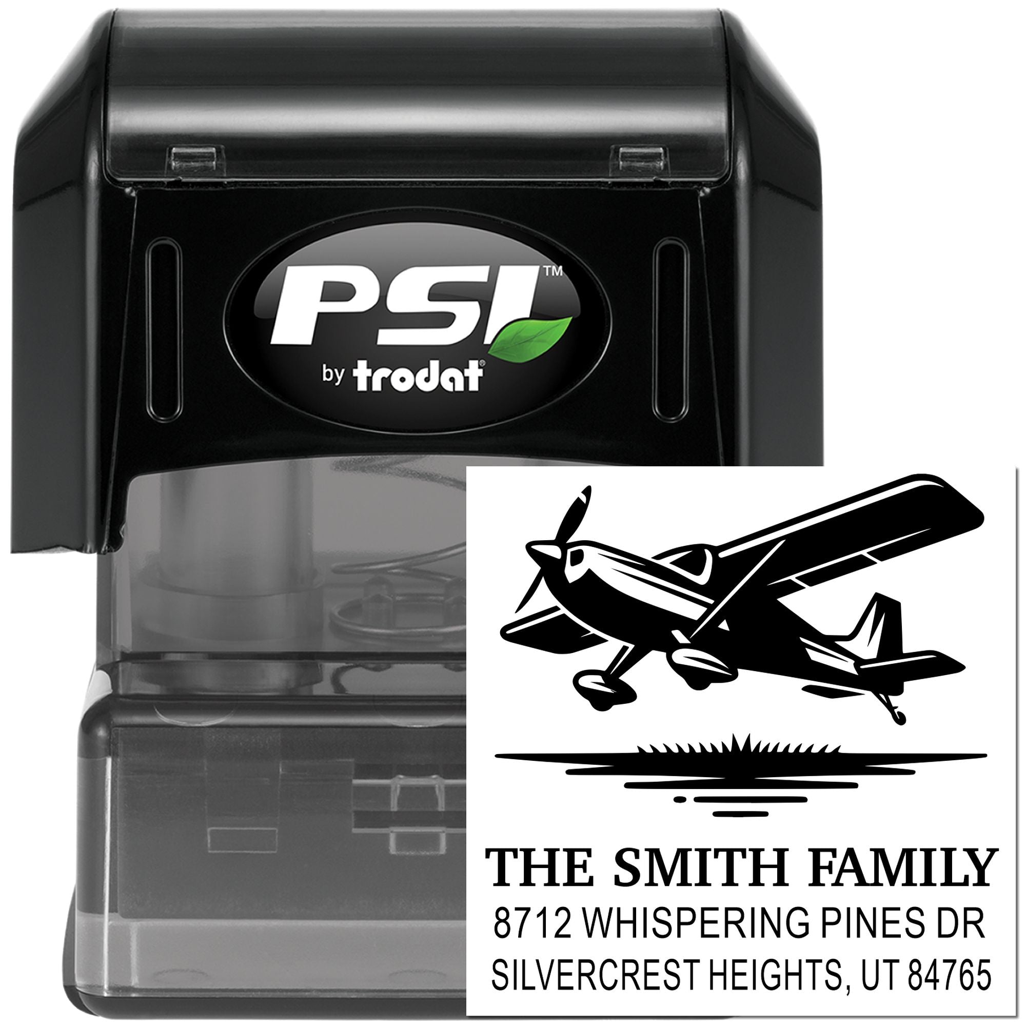 Custom self-inking PSI by Trodat address stamp with airplane graphic, The Smith Family name, and Silvercrest Heights, UT address on white background.