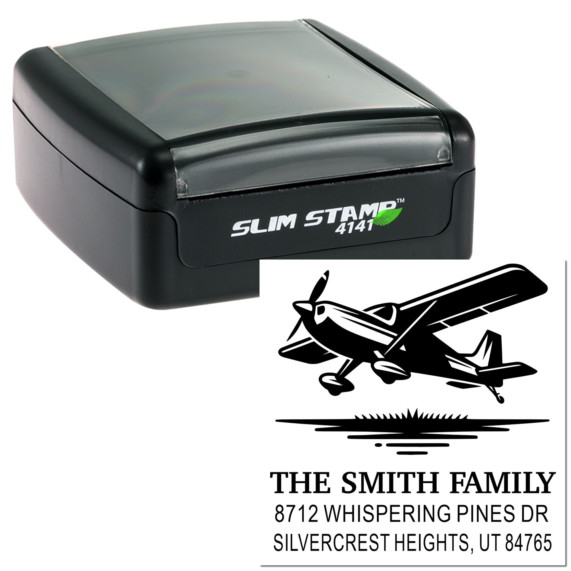 Slim Stamp 4141 custom address stamp with airplane graphic and The Smith Family address imprint on a white background.